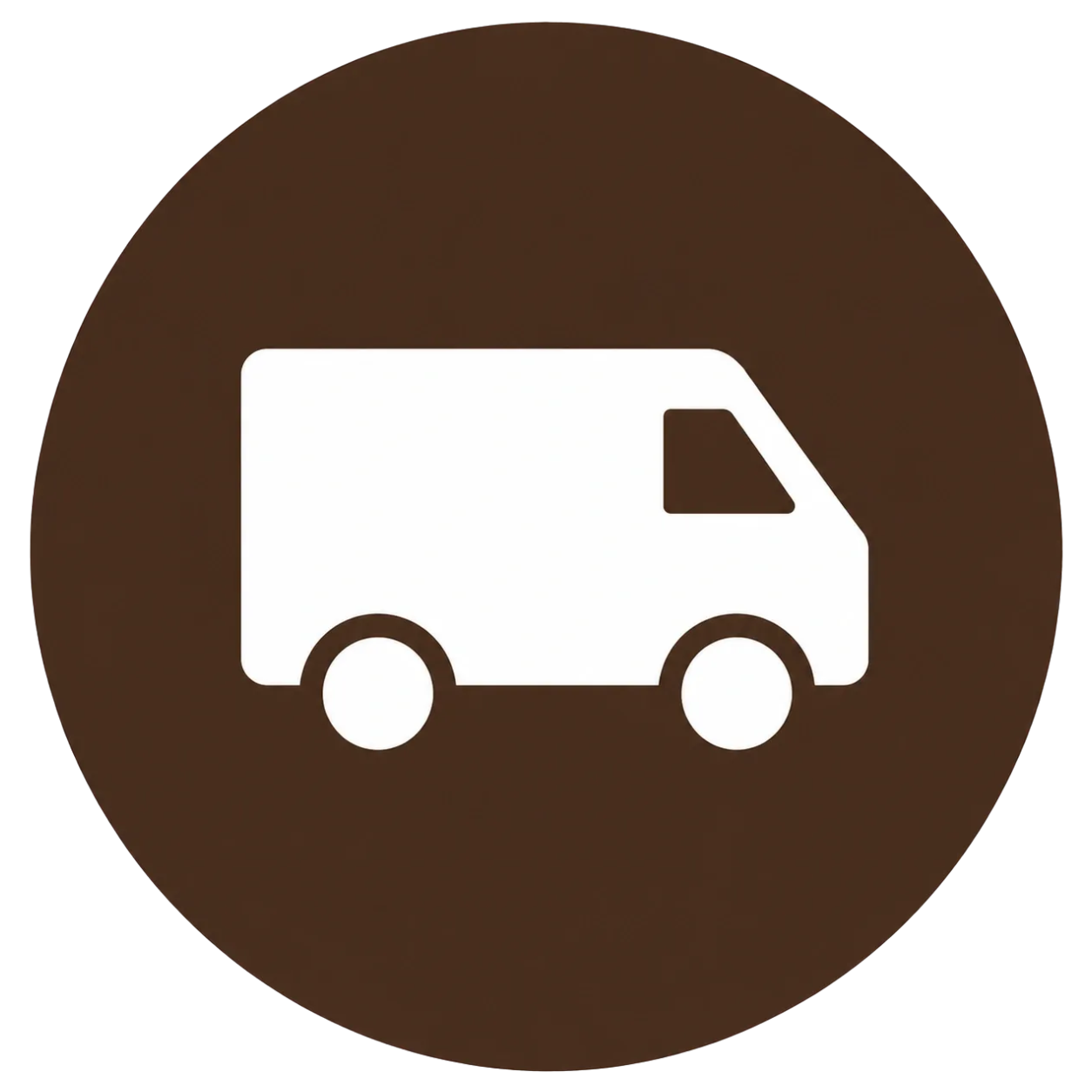 Icon of a white delivery truck on a dark brown circular background.
