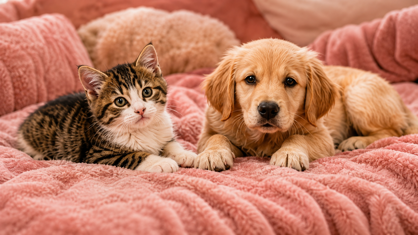 A kitten and a puppy lying on a pink, plush blanket. The kitten has tabby and white fur, and the puppy is a golden retriever with light golden fur.