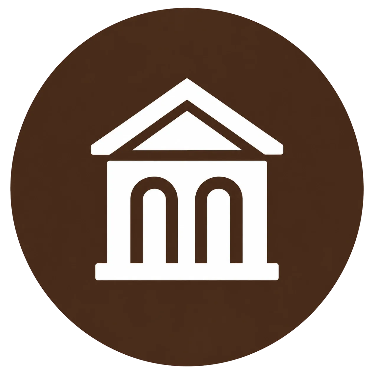 Icon of a white classical building with three arches and triangular roof on a brown circular background.