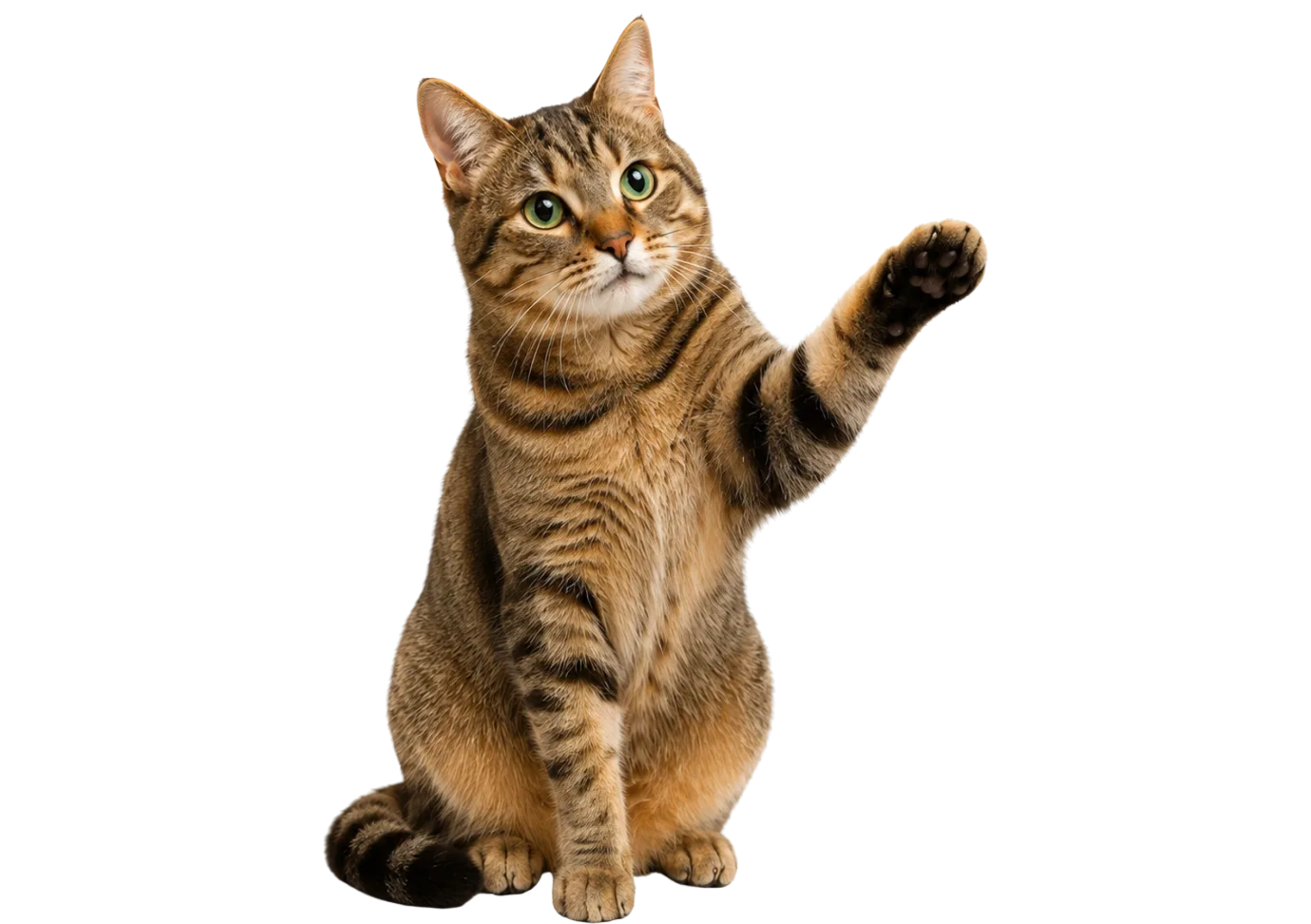A domestic short-haired tabby cat with green eyes, sitting and raising one paw as if waving, against a plain background.