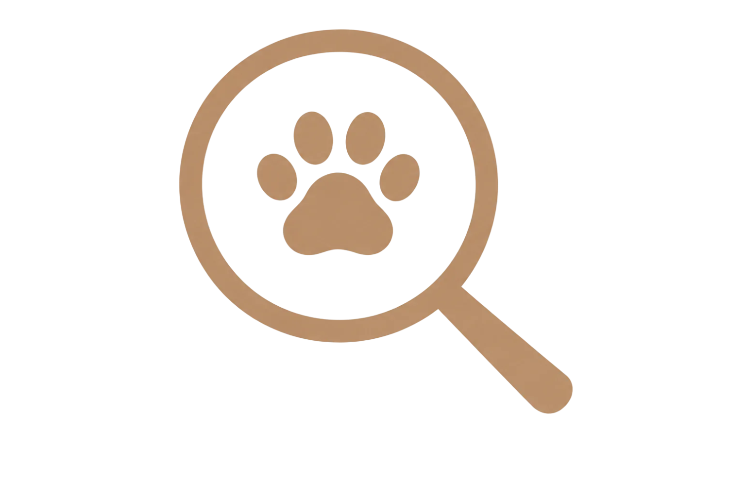 Magnifying glass icon with a paw print inside, set against a yellow and blue background.