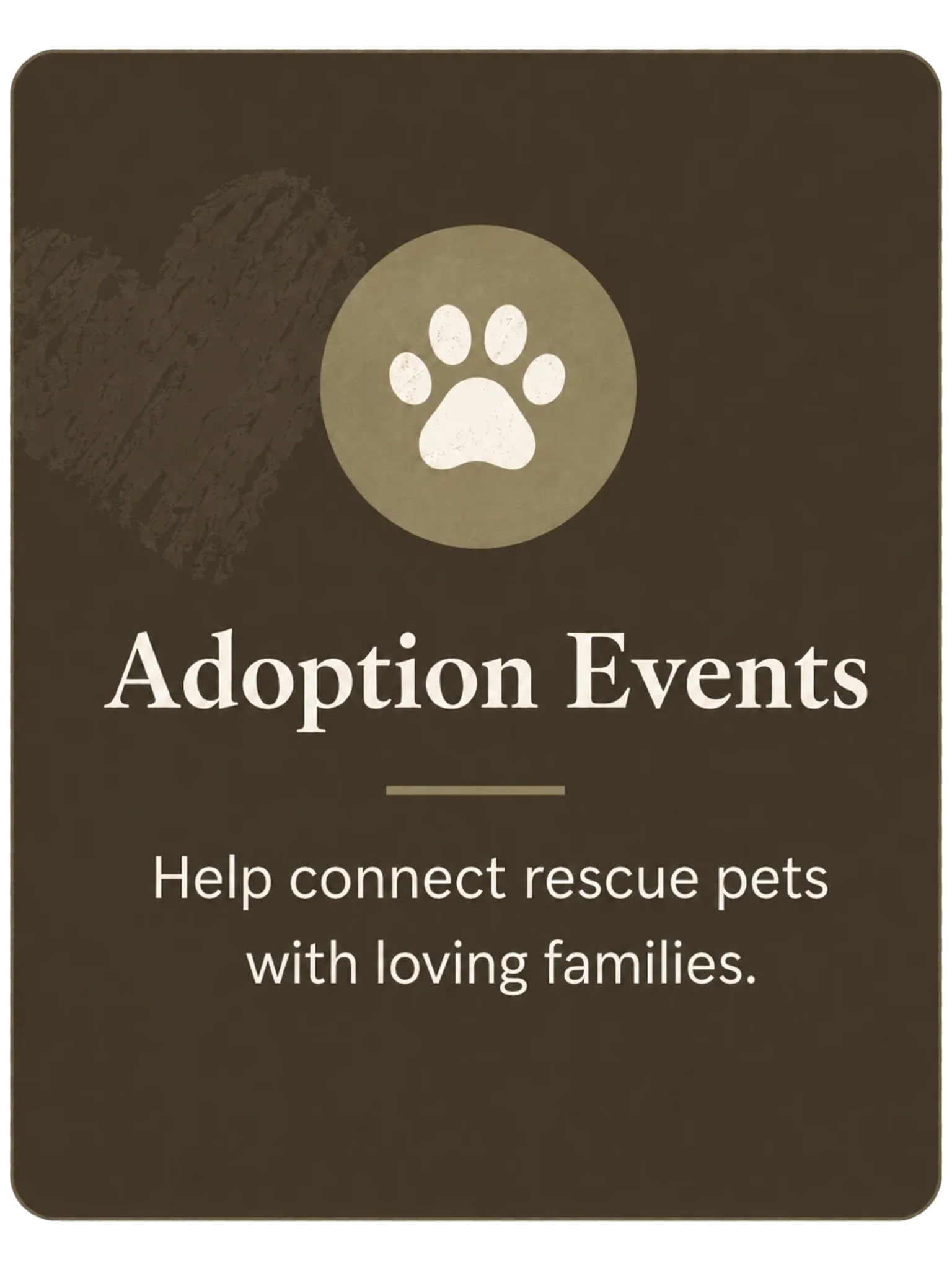 A dark brown badge or sticker with a white paw print icon in the center, and text that reads 'Adoption Events' and 'Help connect rescue pets with loving families'.