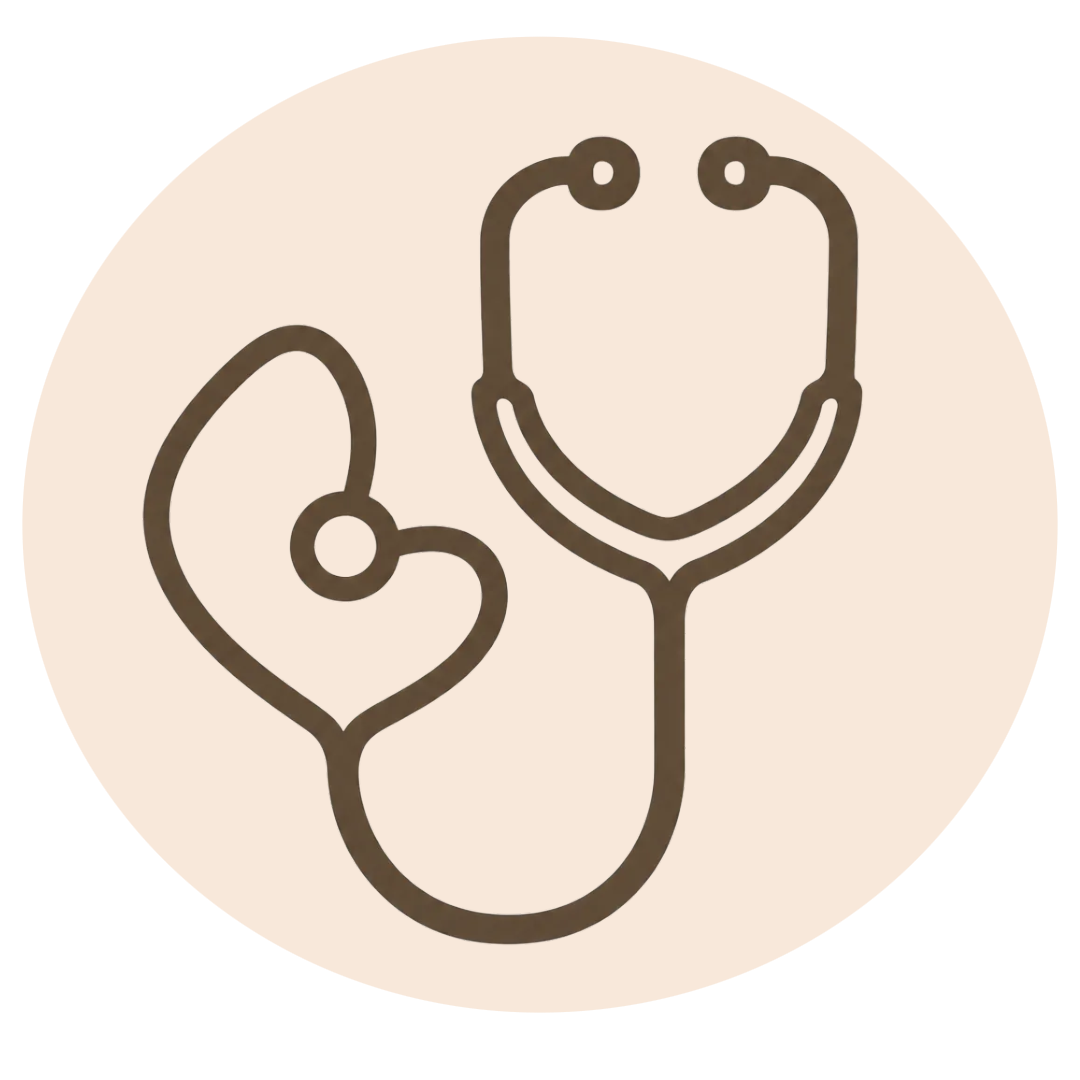 Line drawing of a stethoscope, with the earpieces at the top and the chest piece at the bottom.
