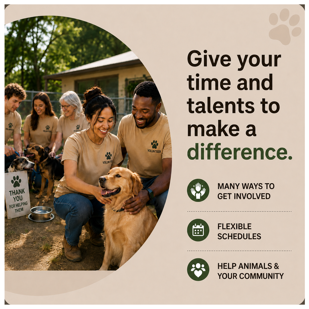 A group of diverse volunteers, including women and men, in tan volunteer shirts with paw print logos, engaging with dogs in an outdoor setting, promoting community involvement in animal rescue.