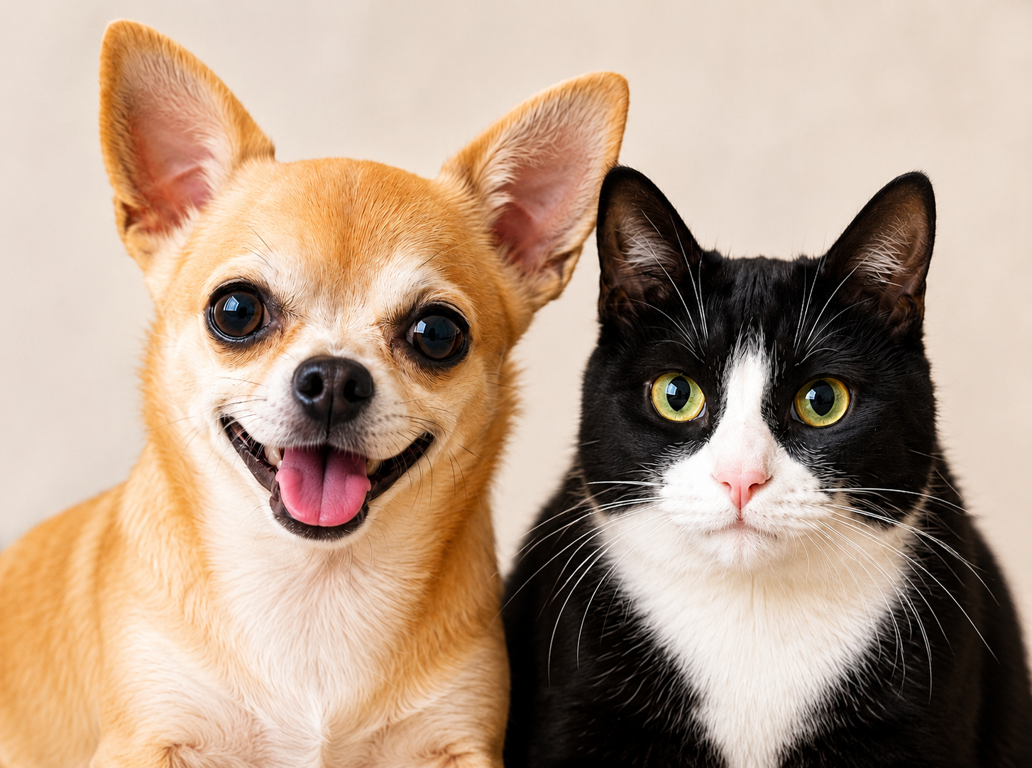 Close-up of a smiling tan Chihuahua with large ears and a black and white tuxedo cat with yellow eyes sitting side by side against a neutral background.