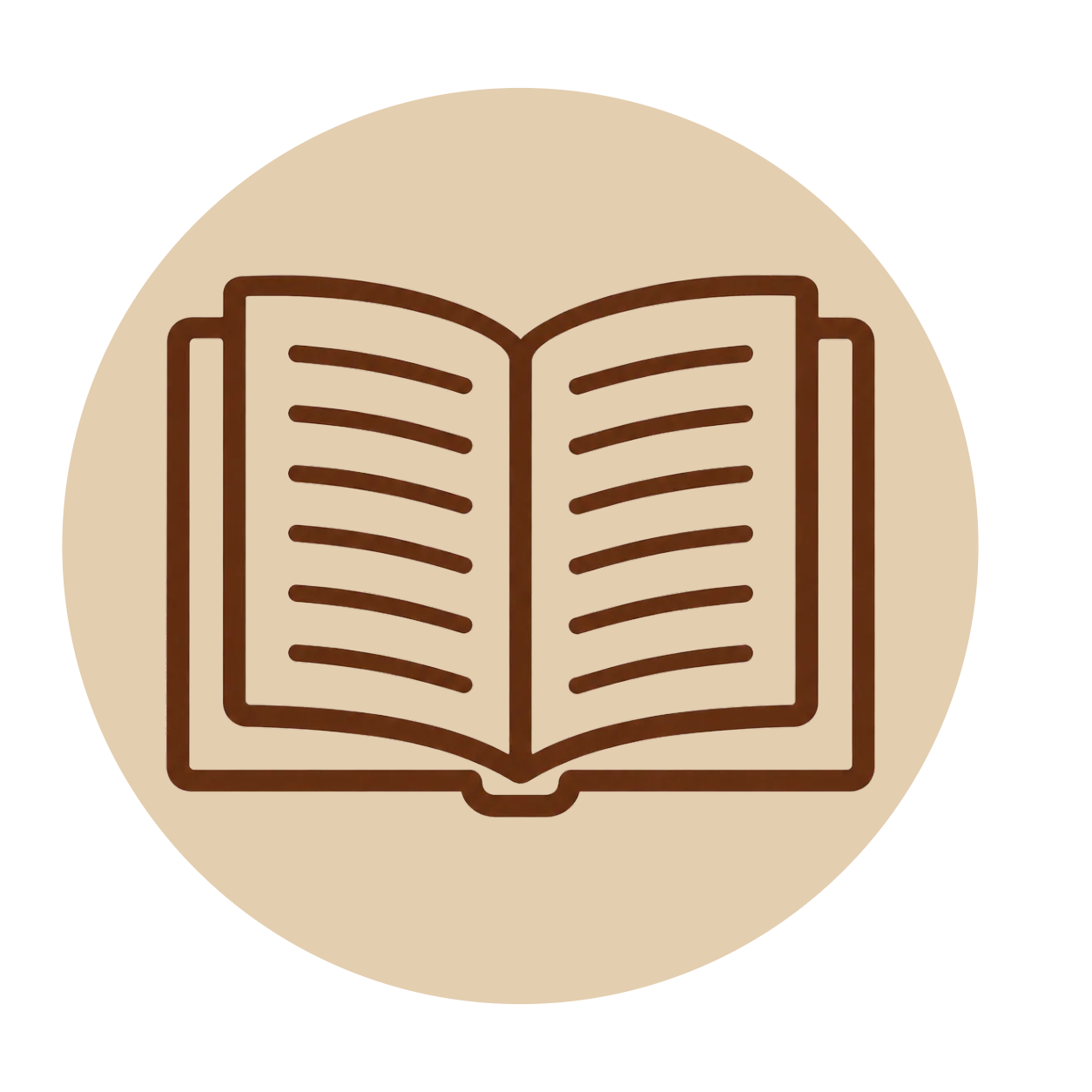 Icon of an open book with lines indicating text, outlined in brown on a beige background.