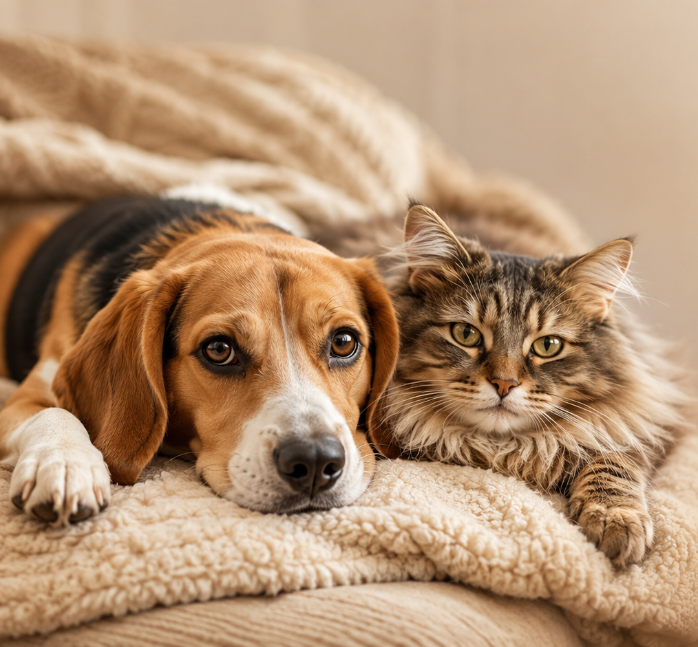 A dog and a cat lying side by side on a soft, beige blanket on a sofa.