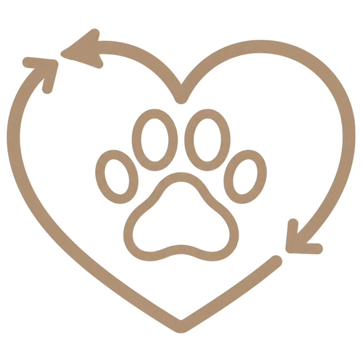 A symbol of a dog inside a heart with an arrow pointing clockwise, indicating pet adoption or animal rescue.