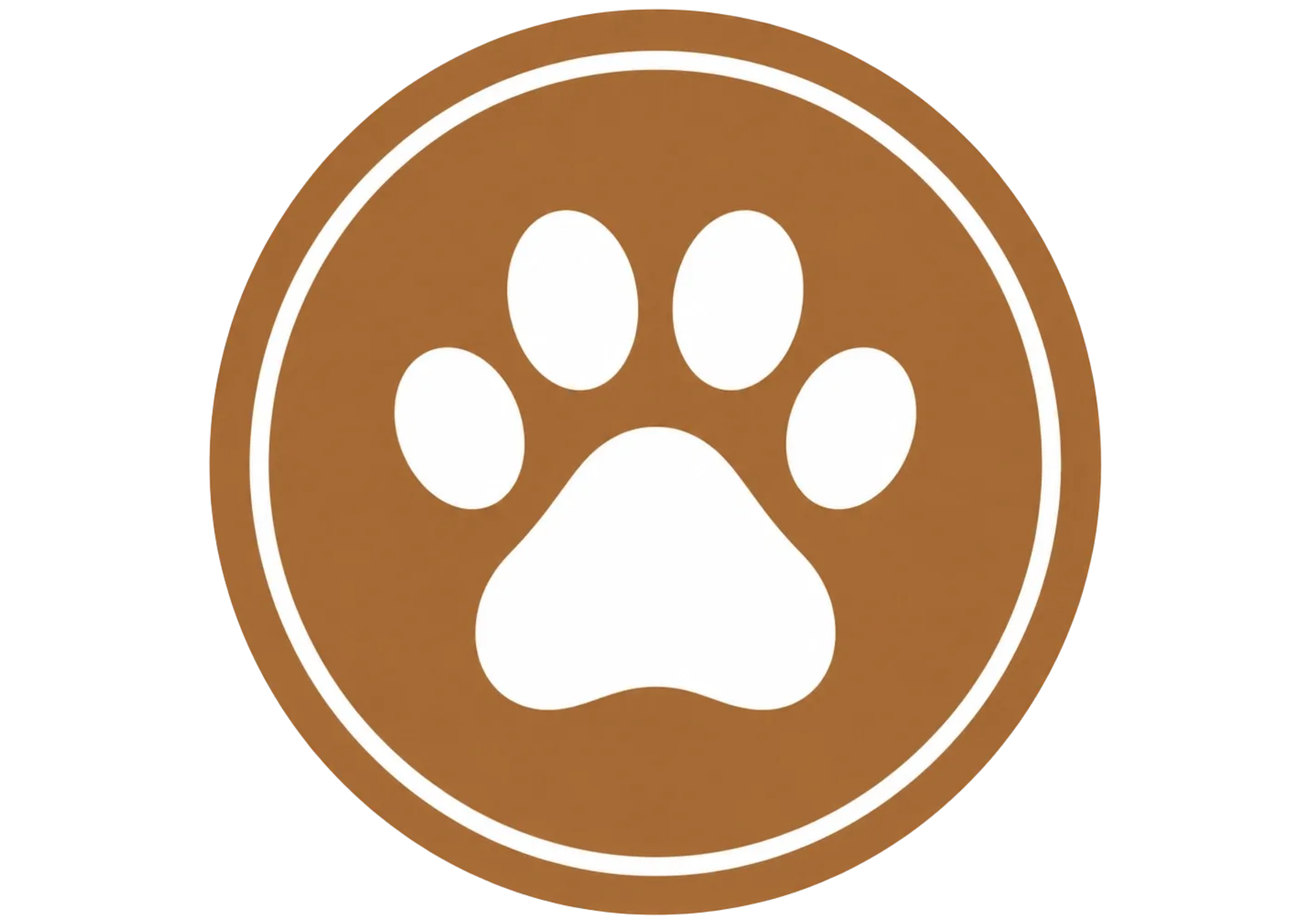 A circular brown logo with a white paw print in the center.