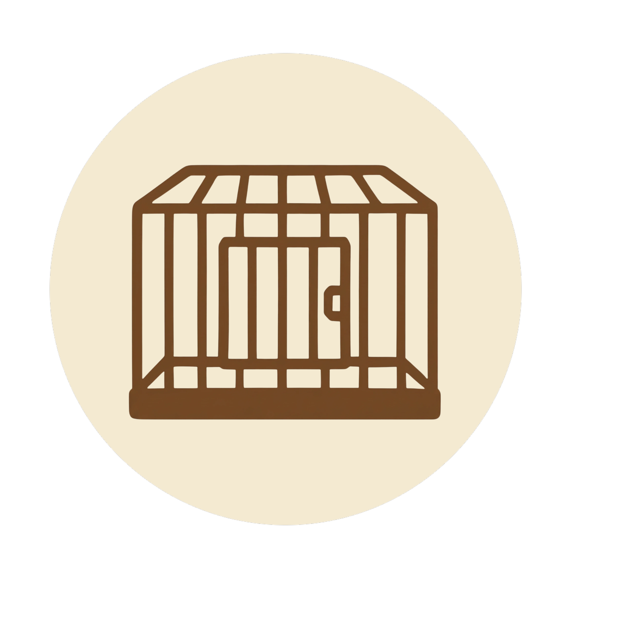 Digital illustration of a pet cage with a ramp against a beige circular background.
