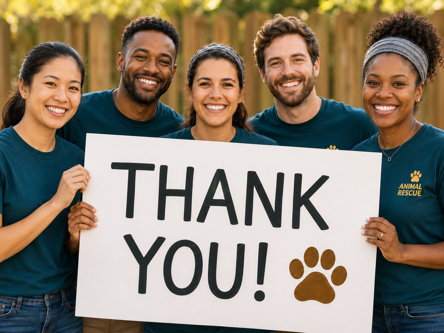 A diverse group of five people smiling and holding a large sign that says "Thank You!" with a paw print on it. They are outdoors with a wooden fence in the background. Some are wearing shirts with an animal rescue logo.
