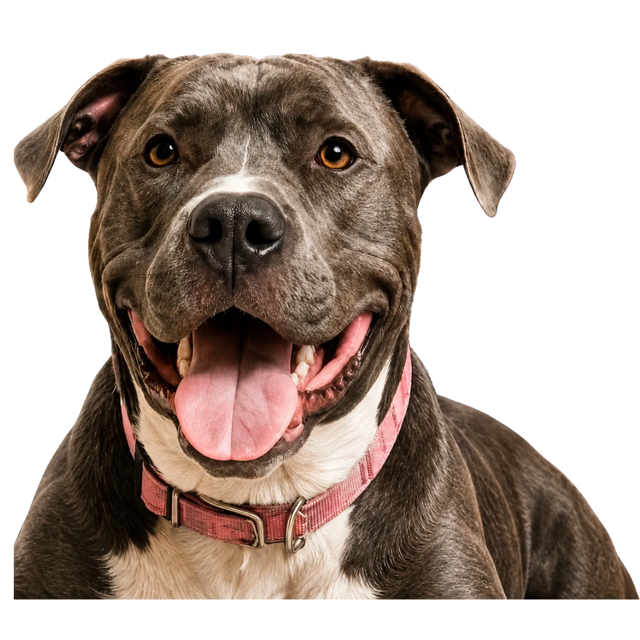 Happy brown and white dog with its tongue out, wearing a pink collar.