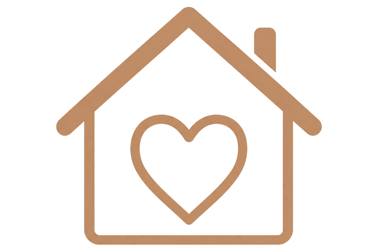 A graphic of a house with a heart shape inside, made of brown lines, representing love or caring in housing.
