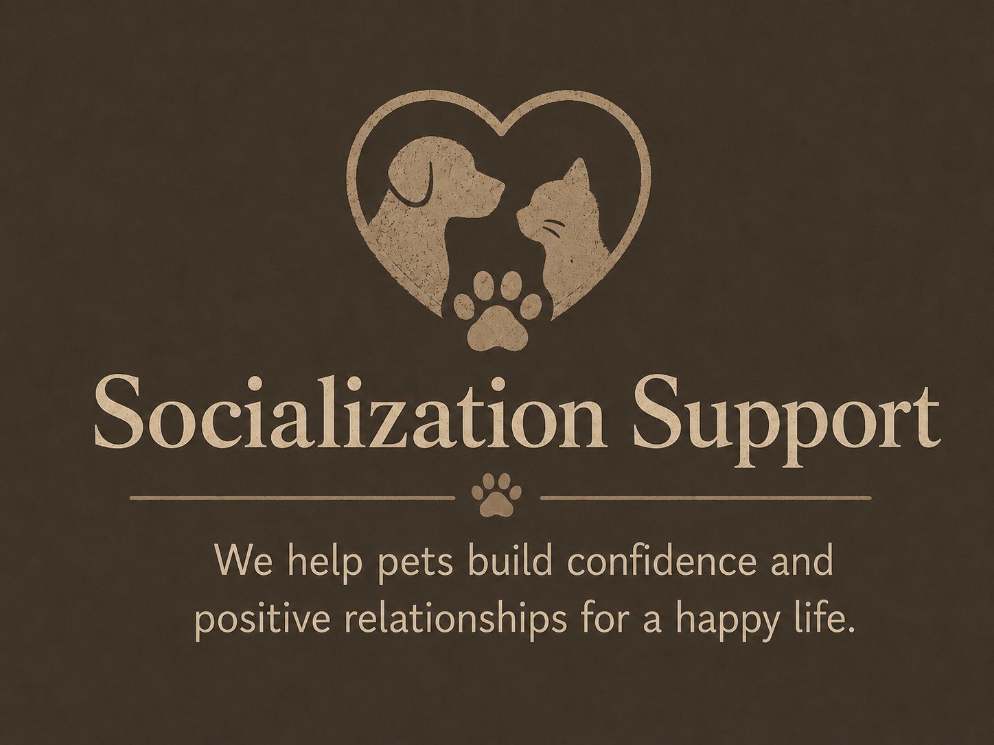 Logo of a dog and cat inside a heart shape with a paw print below, and the text 'Socialization Support' and 'We help pets build confidence and positive relationships for a happy life'.