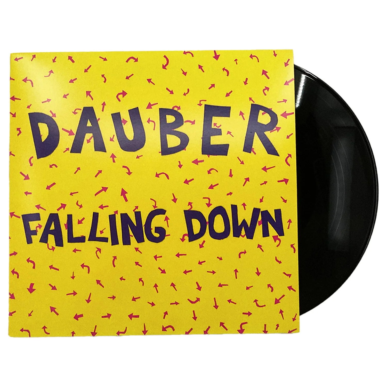 Yellow album cover with pink arrow patterns and purple text reading 'Dauber Falling Down'