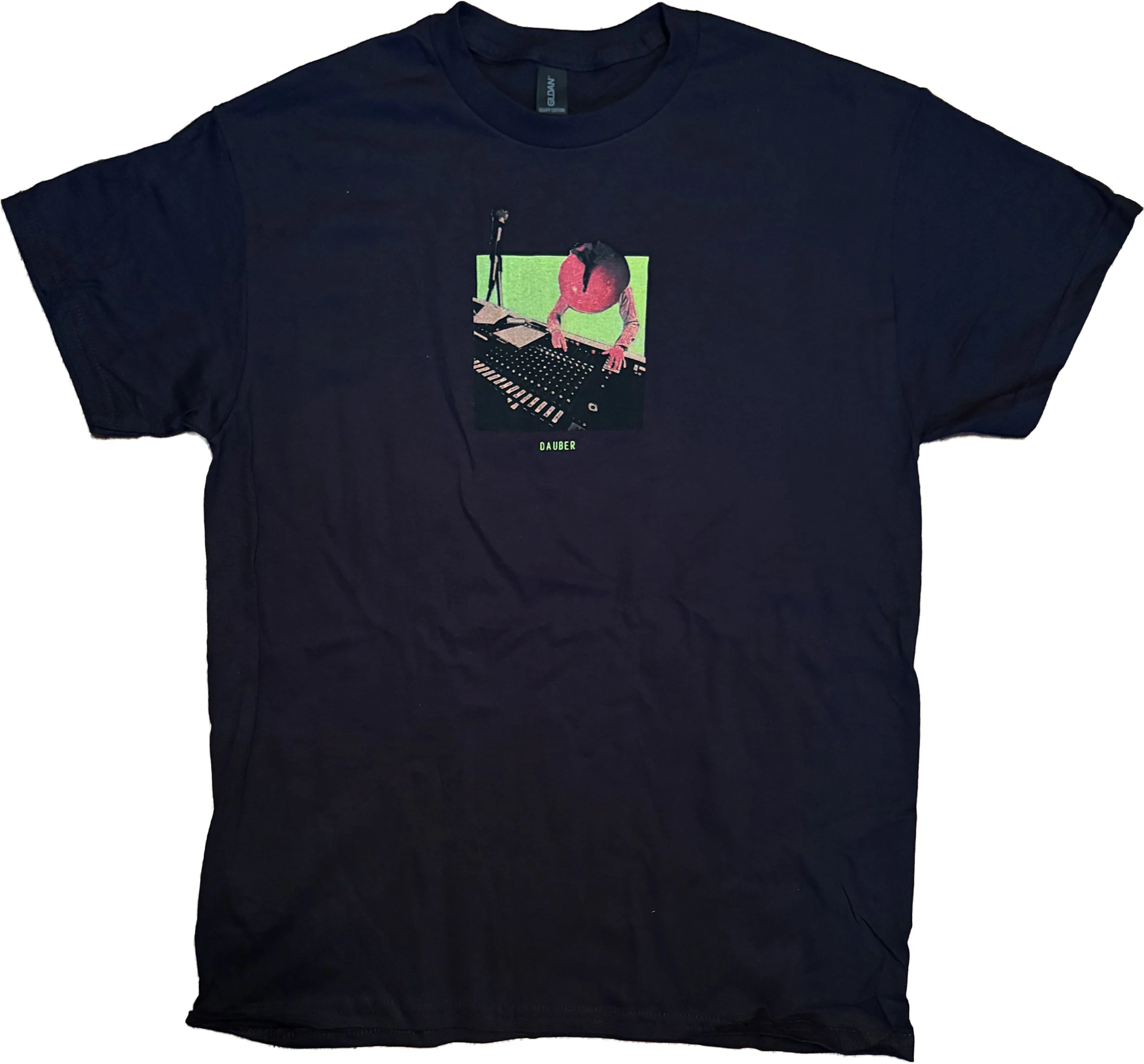 Black T-shirt with graphic of a tomato mixing on a mixing console, with the text 'Dauber' underneath.