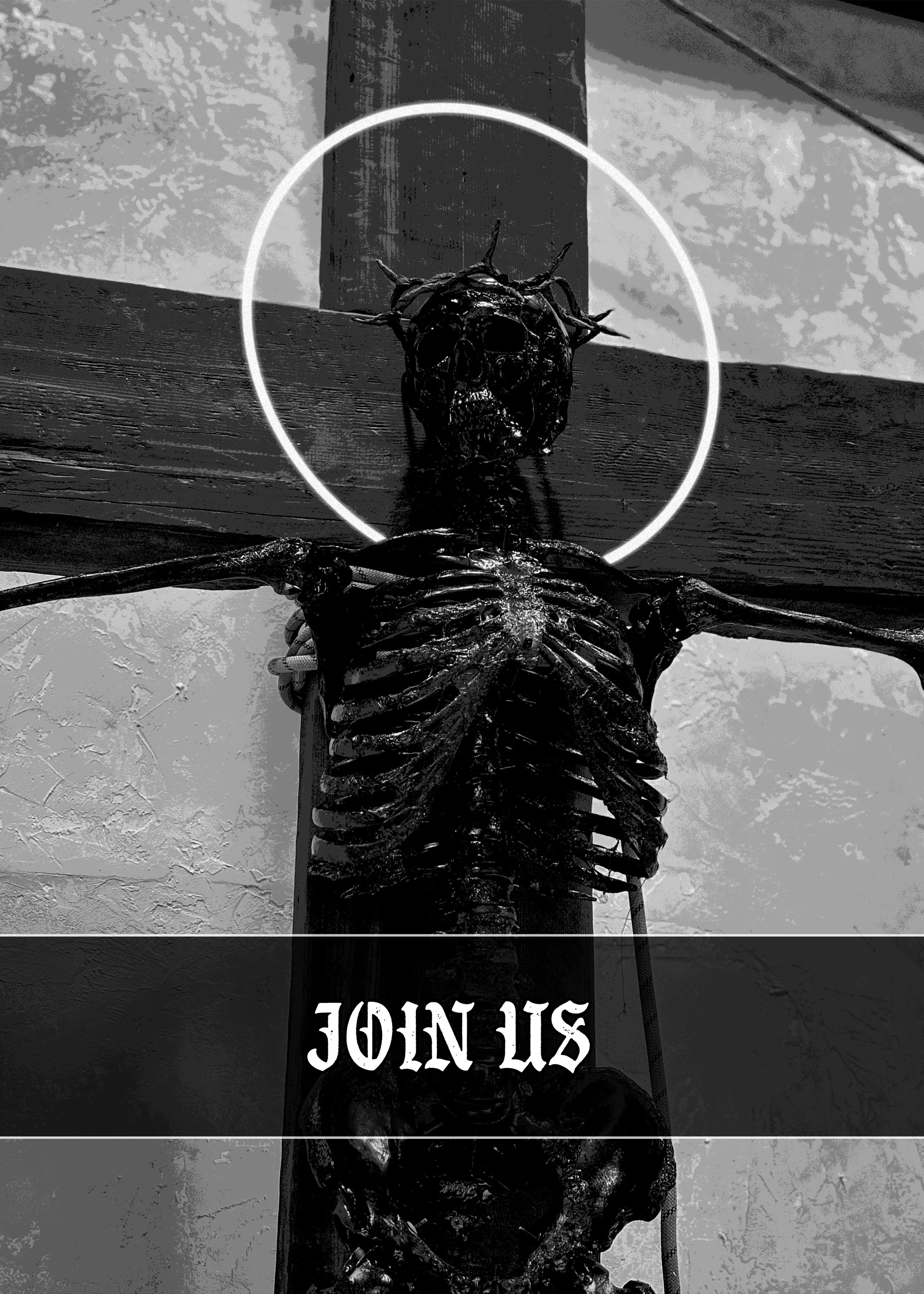 A black and white photo of a skeleton on a cross with a skull at the top, surrounded by a white dotted circle, and the text 'JOIN US' overlaid at the bottom.