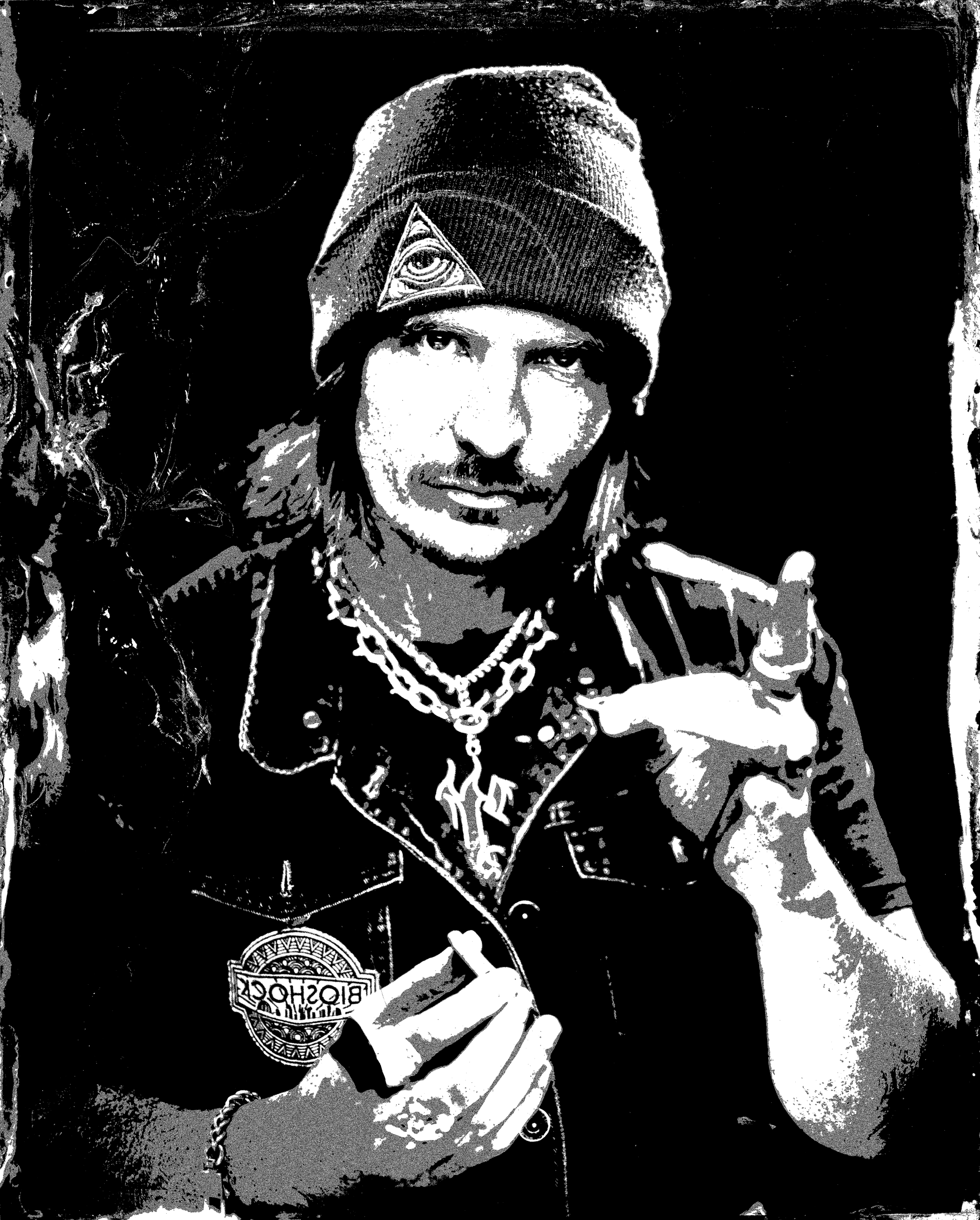 Black and white stylized image of a man with long hair, wearing a beanie, chains, and a leather jacket, pointing towards the camera.