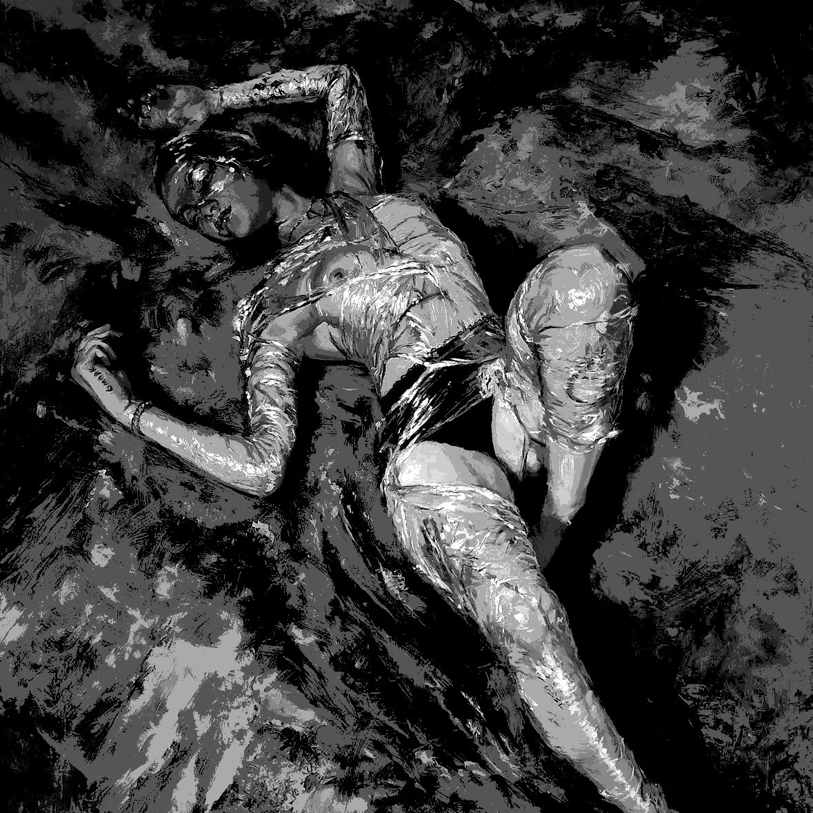 Black and white painting of two women lying on the ground close to each other.