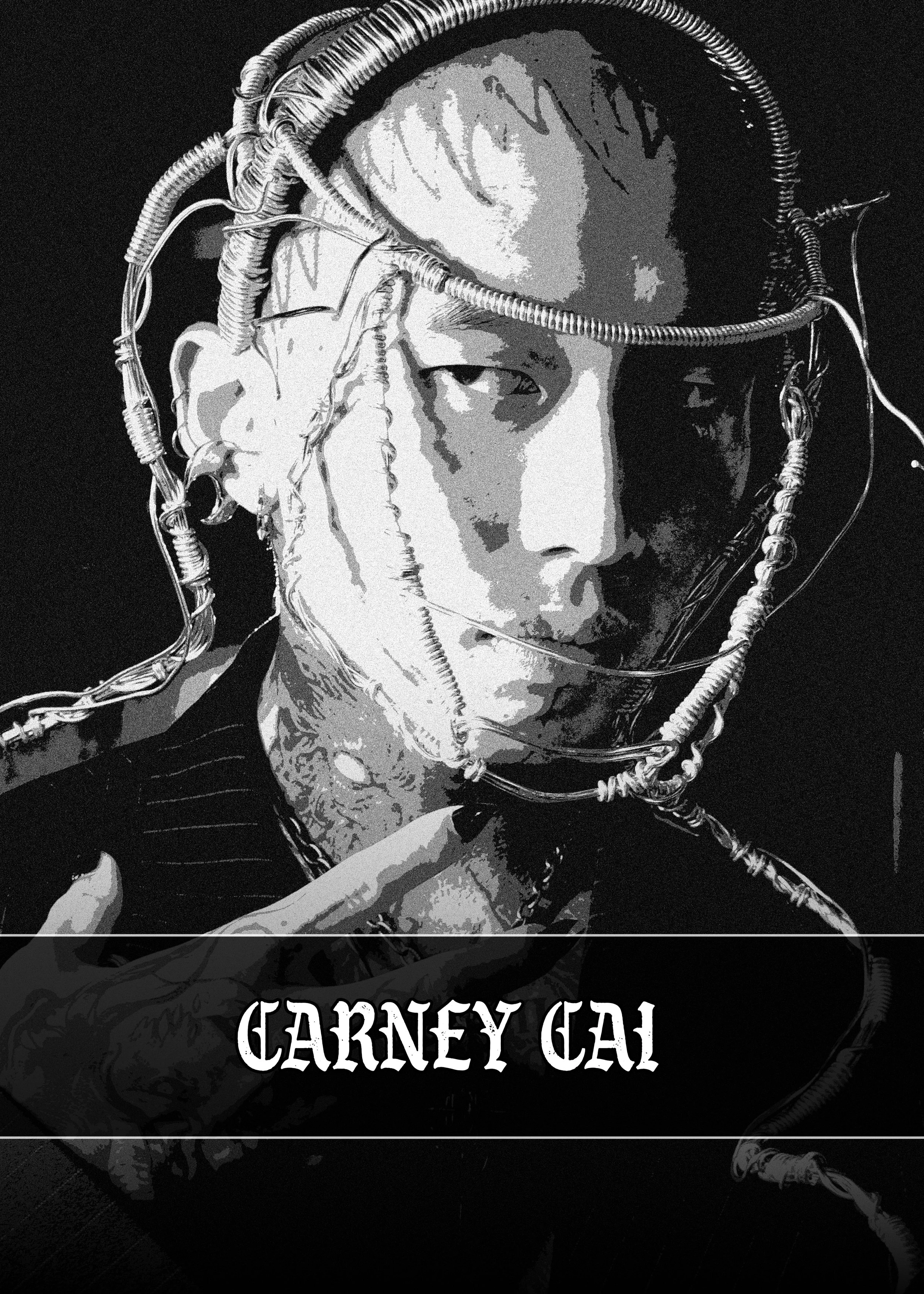 Black and white illustration of a person with short hair and serious expression, wearing a jacket with a collar, surrounded by a web of cables. Text at the bottom reads 'Carney Gal' in stylized lettering.
