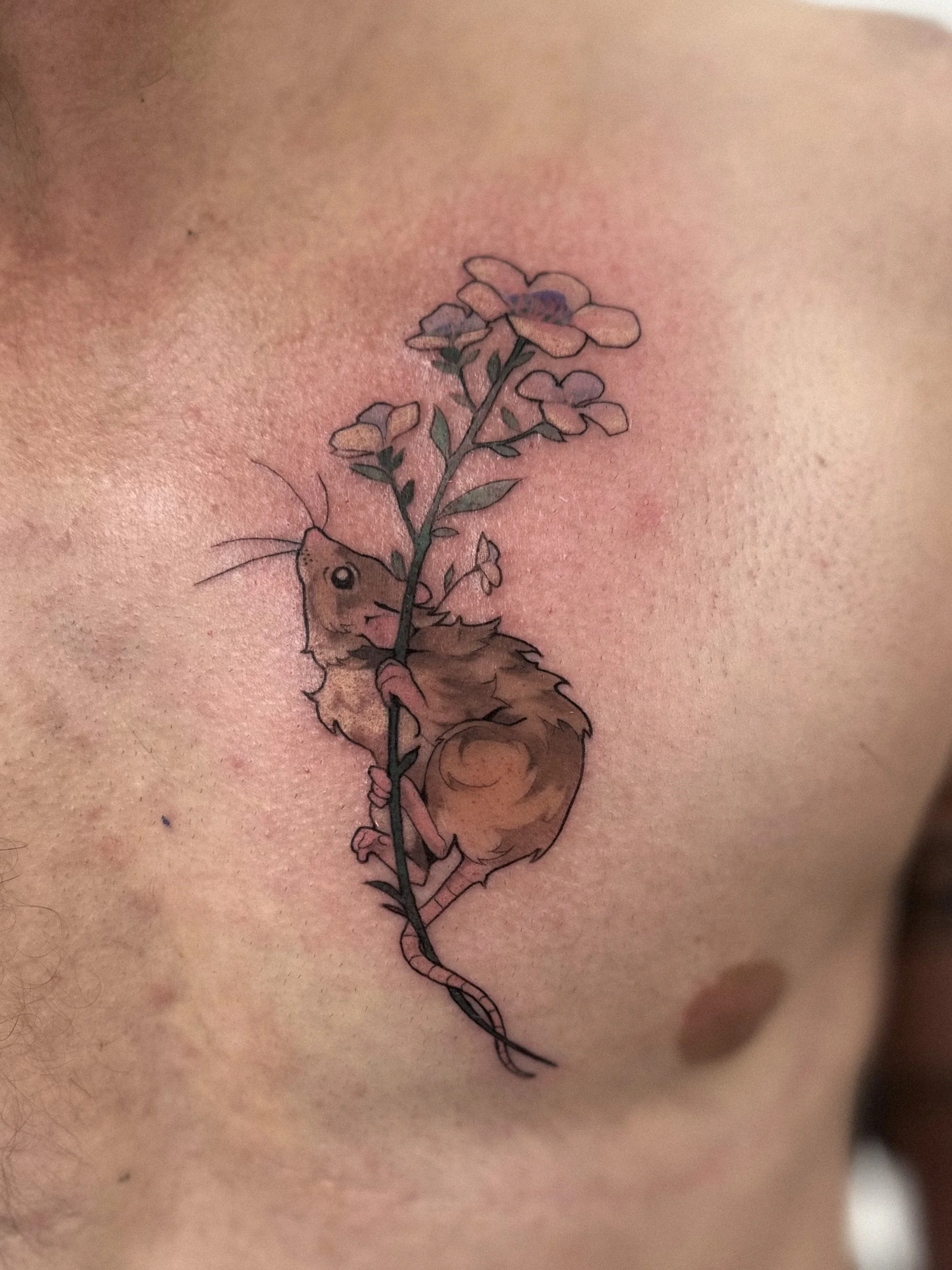 Tattoo of a cartoon mouse holding a branch with flowers on a person's skin.