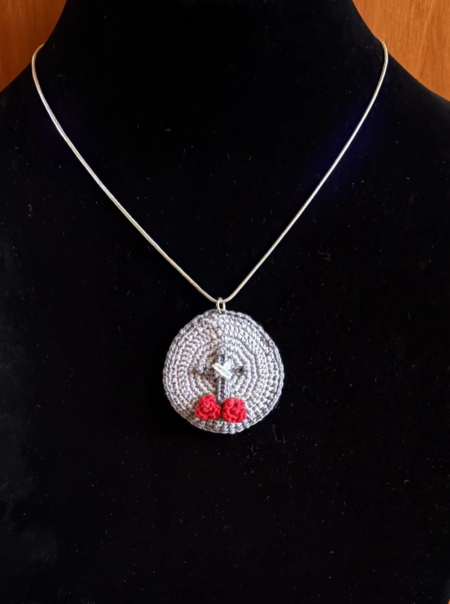 Crocheted Pewter Cross Pendant