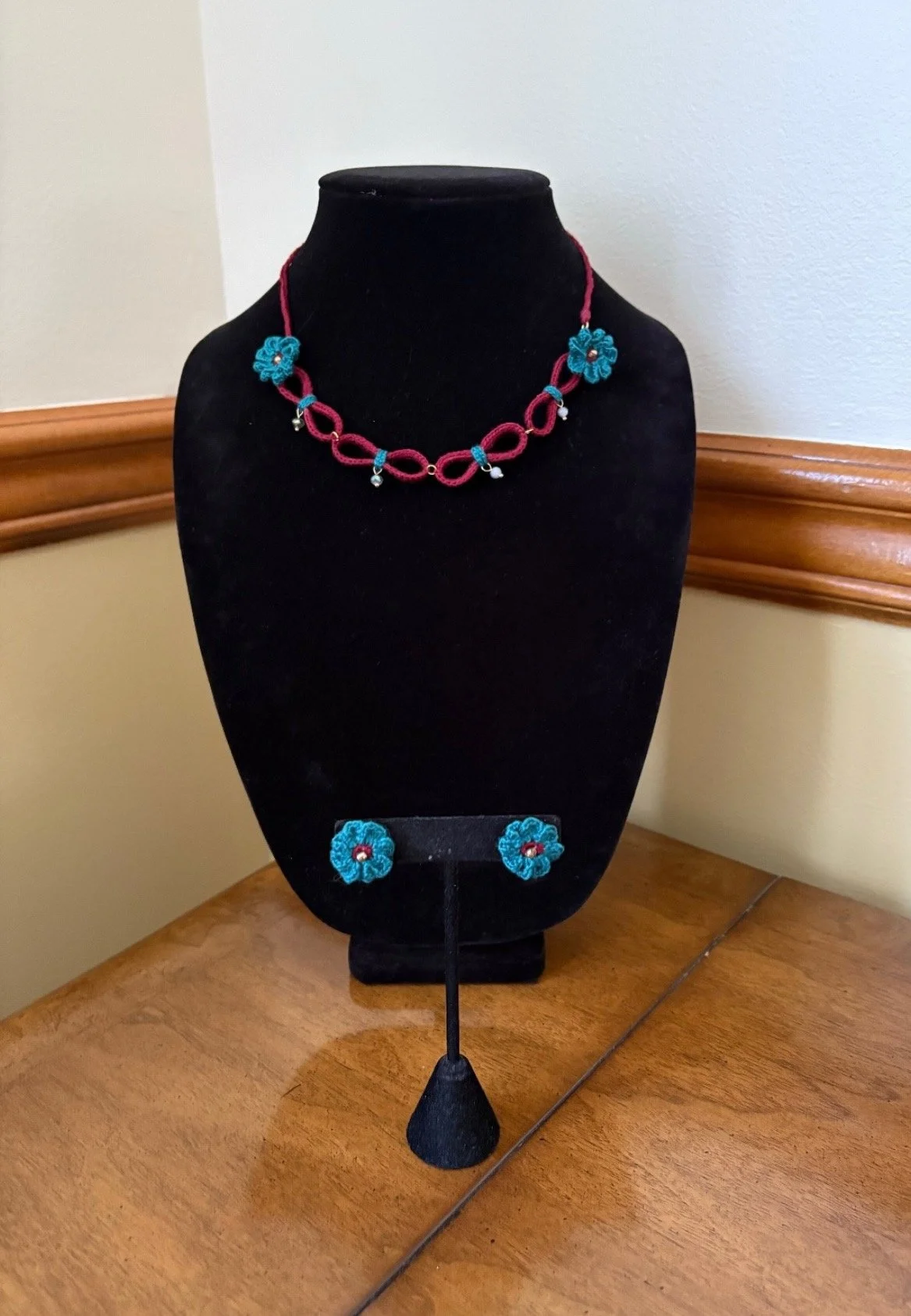 Crocheted Currant Necklace/Jade Blue Flowers with Matching Earrings set