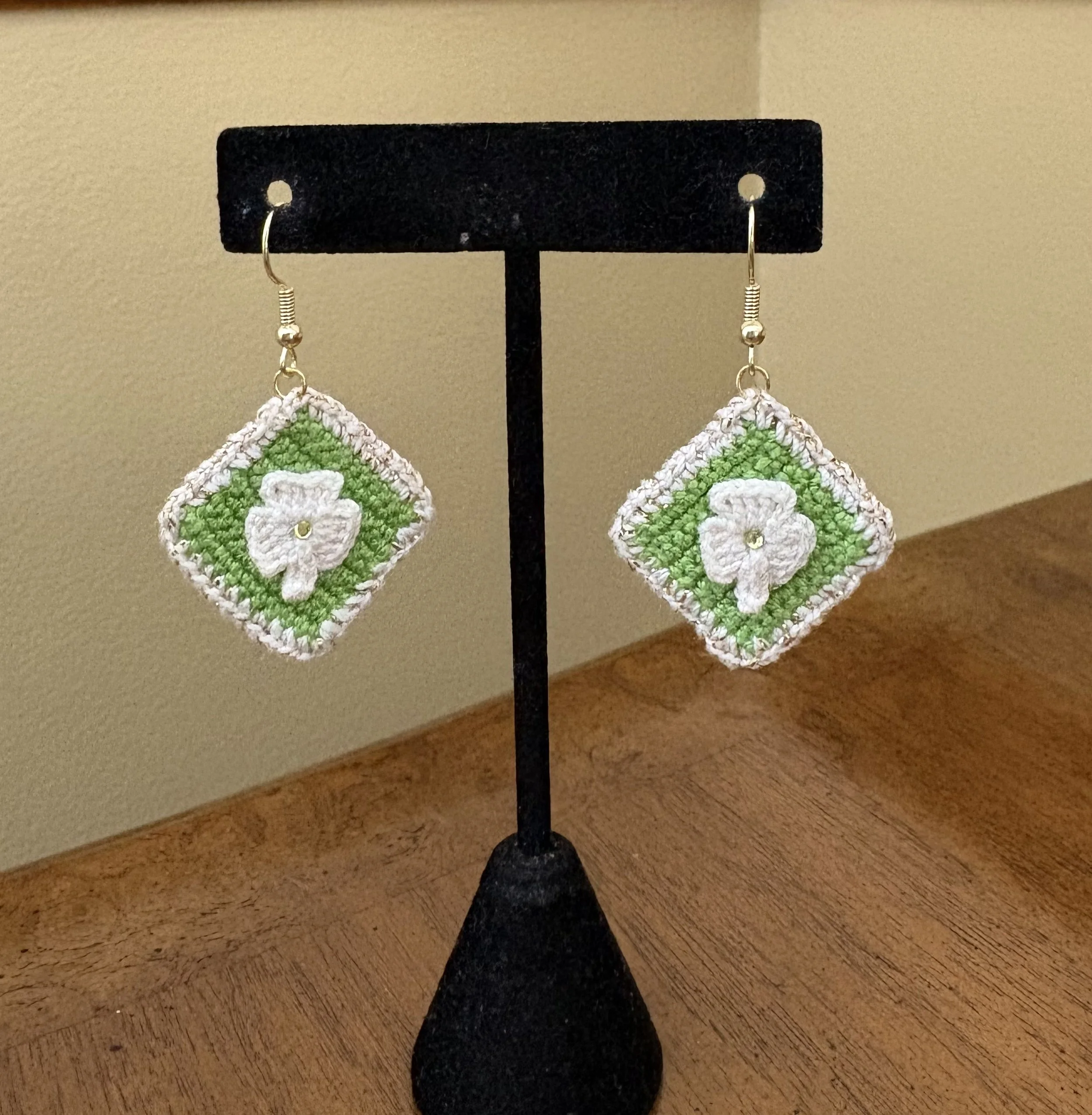 Crocheted White Shamrock Earrings