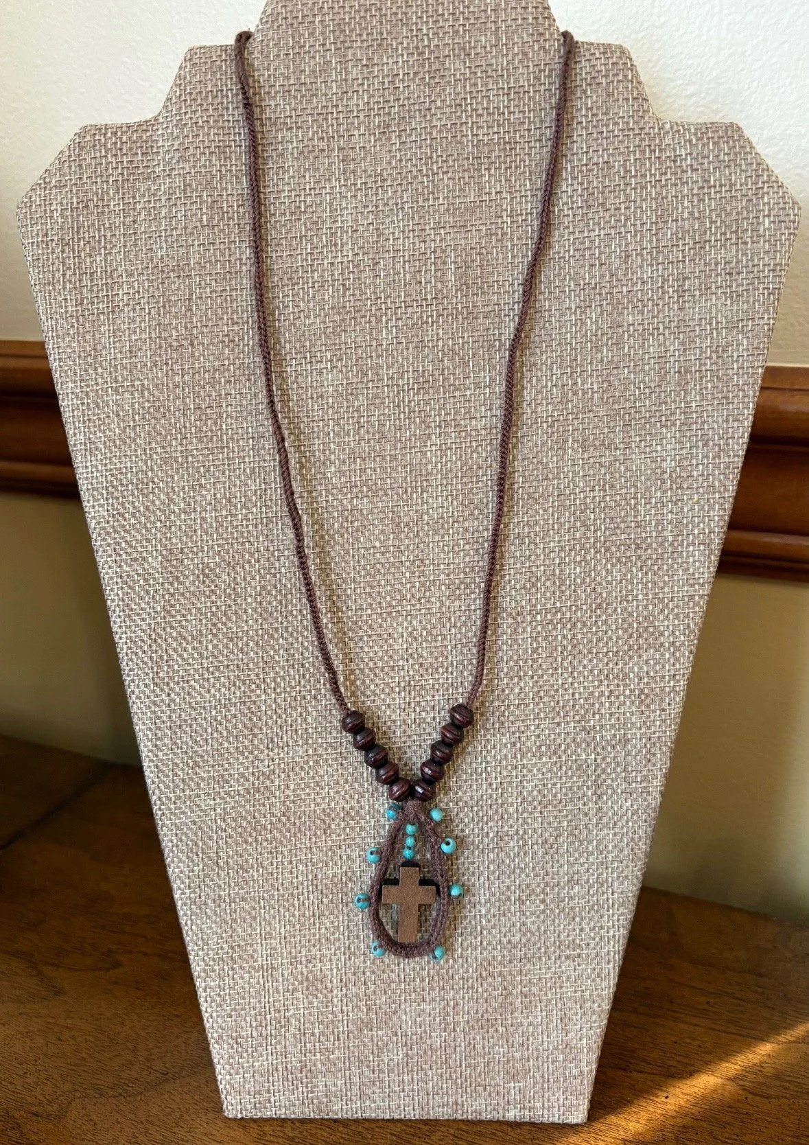 Crocheted Brown Necklace with Wood Cross