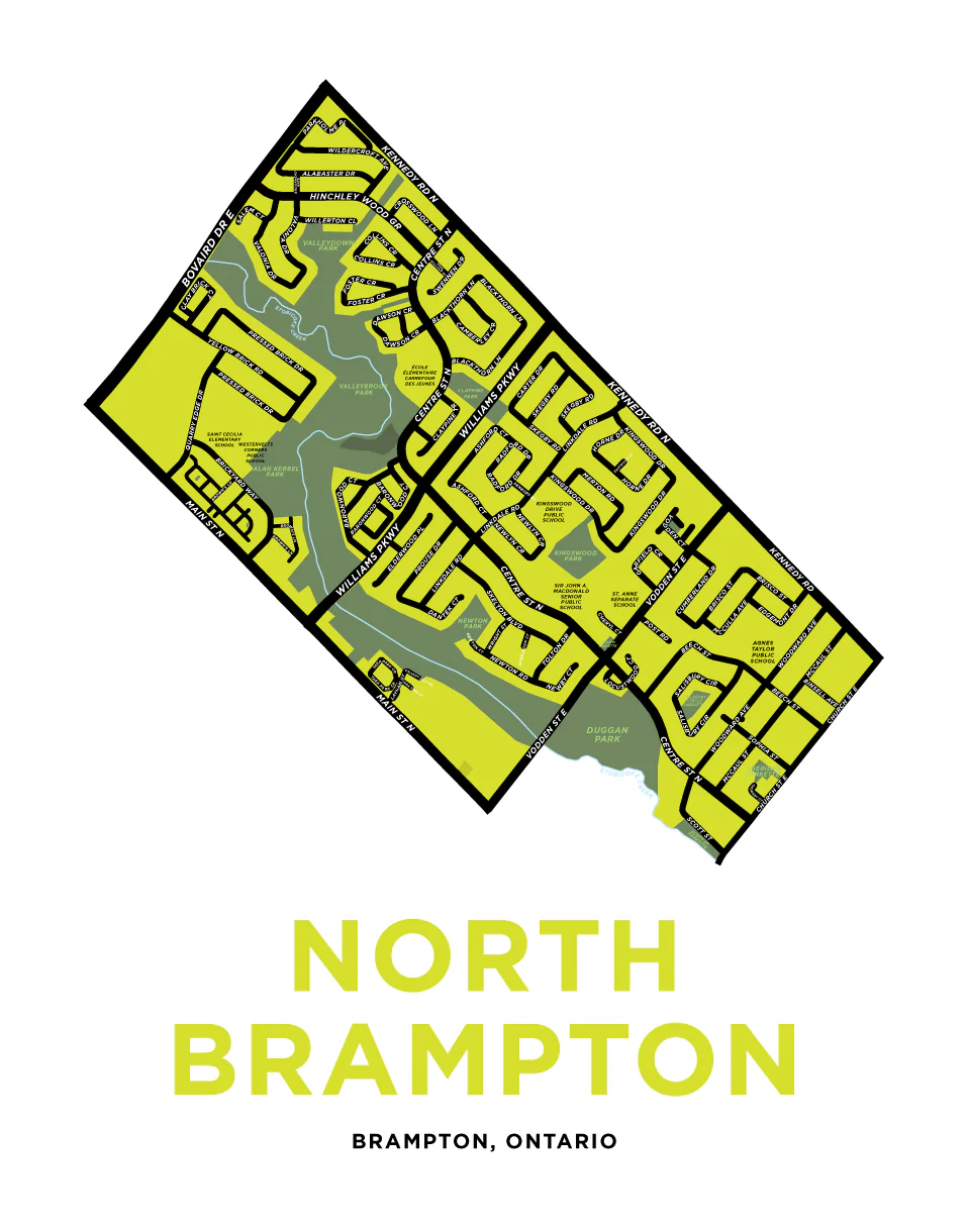 Map of North Brampton, Ontario, showing streets, parks, and neighborhoods with the title at the bottom.