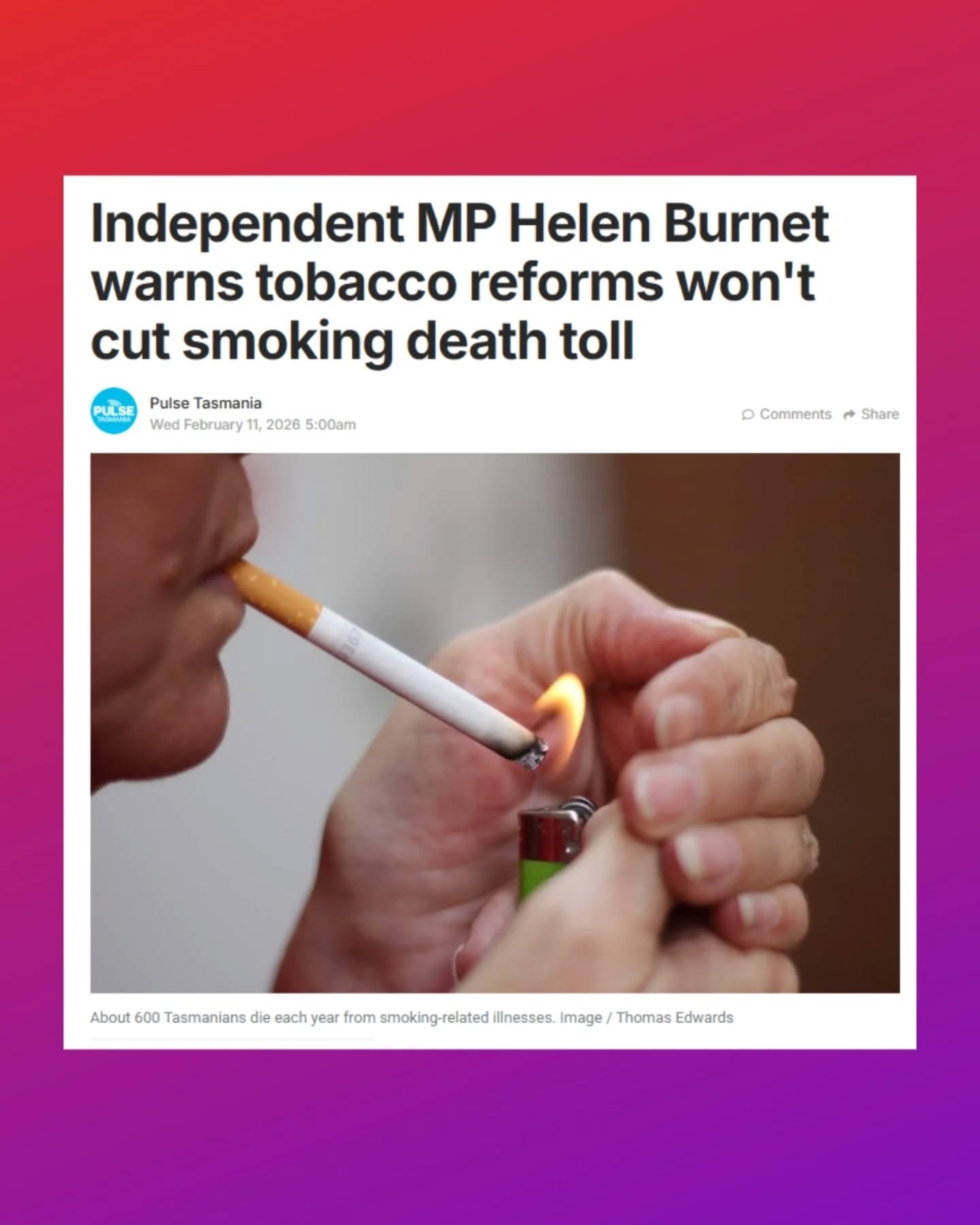 While I welcome the government's move to amend legislation to make penalties tougher and break supply chains, the government has the perfect opportunity to also strengthen action to reduce smoking rates. Tobacco reform must be good for health, not ju