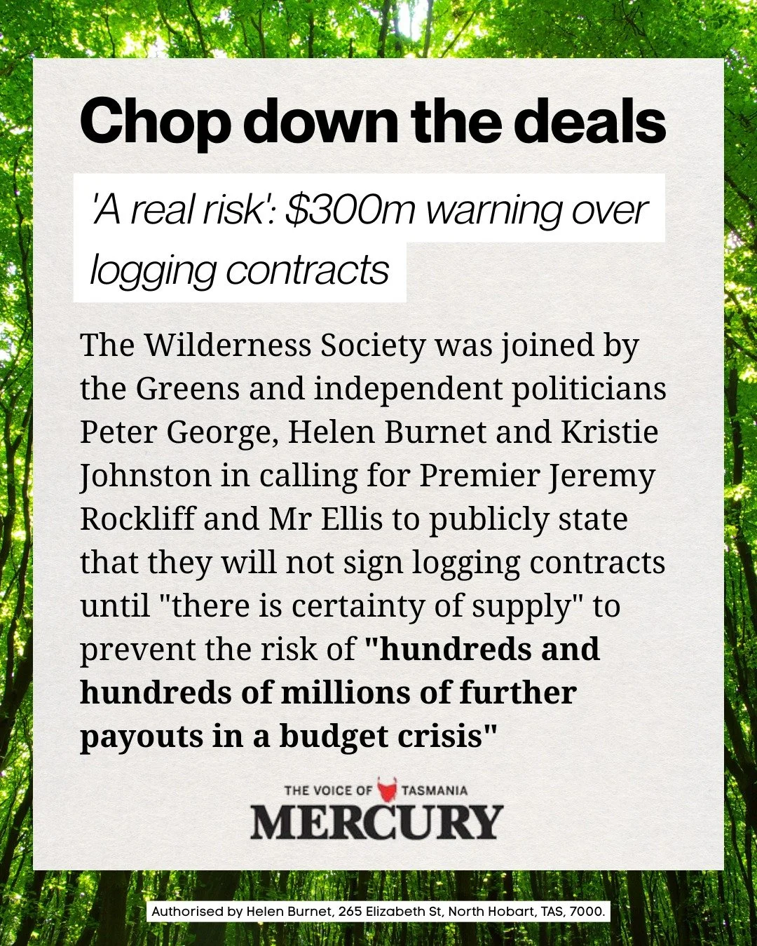 Native forest logging is a climate disaster - but it's also financially ruinous. Not only are we facing a wood supply cliff, but this week we are also facing a budget cliff. 

We've just seen a massive $500m bailout of TT Line. I don&rsquo;t want tax