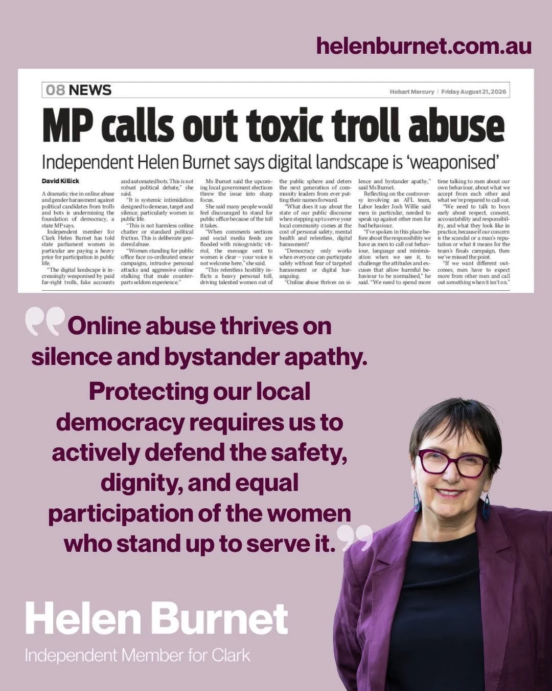Independent Helen Burnet says digital landscape is ‘weaponised’.