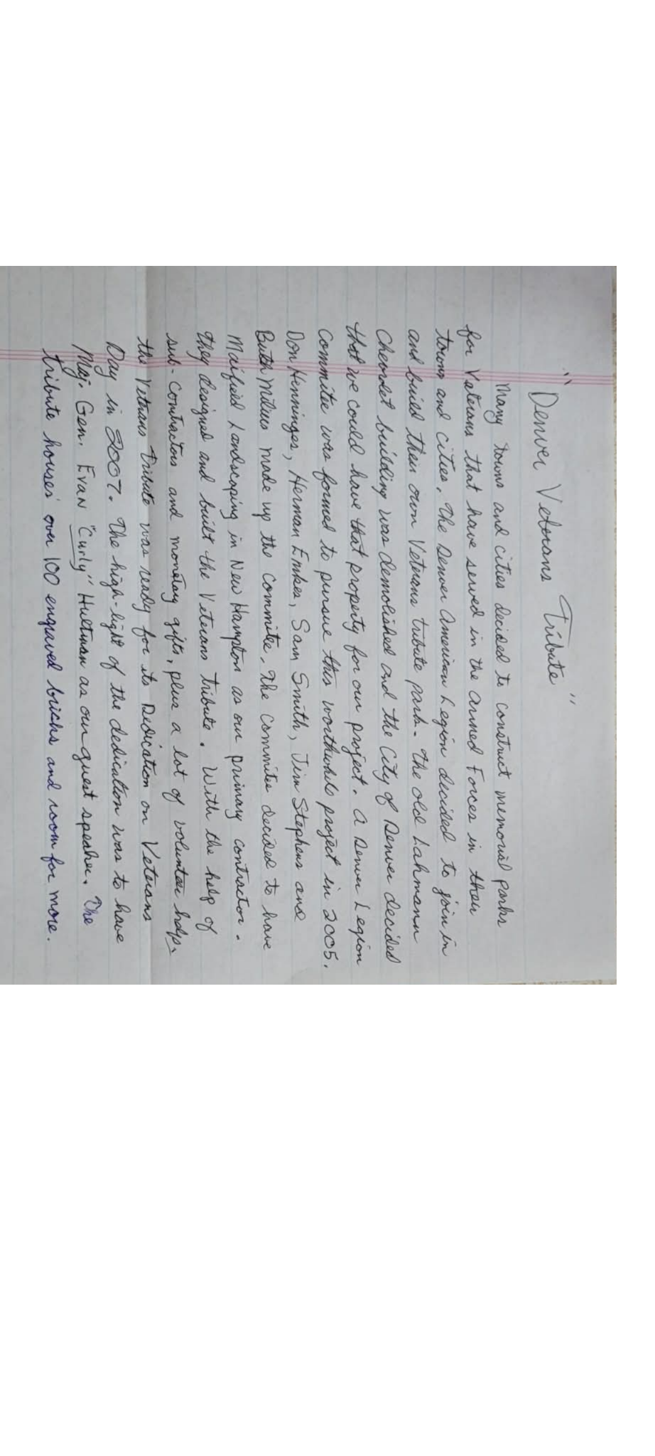 Handwritten notes about the Denver Veterans Tribute
