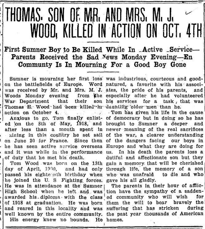 Newspaper clipping about Thomas E. Woods, killed in action during World War I