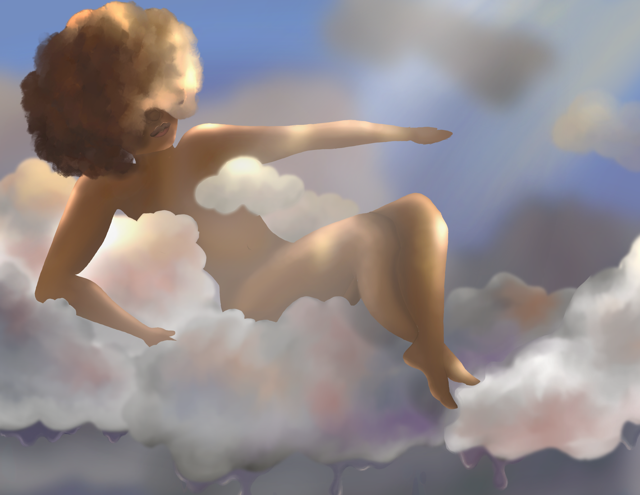 A surreal digital illustration of a woman with curly hair, floating among clouds in the sky, with her arm extended forward.