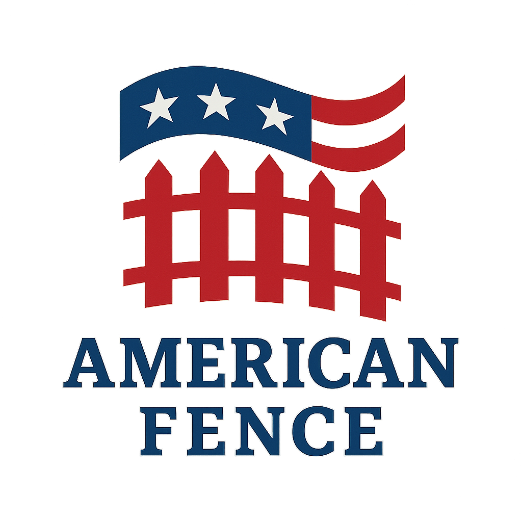 Logo of American Fence, featuring a blue banner with white stars, a red picket fence, and the words "American Fence" in blue text.