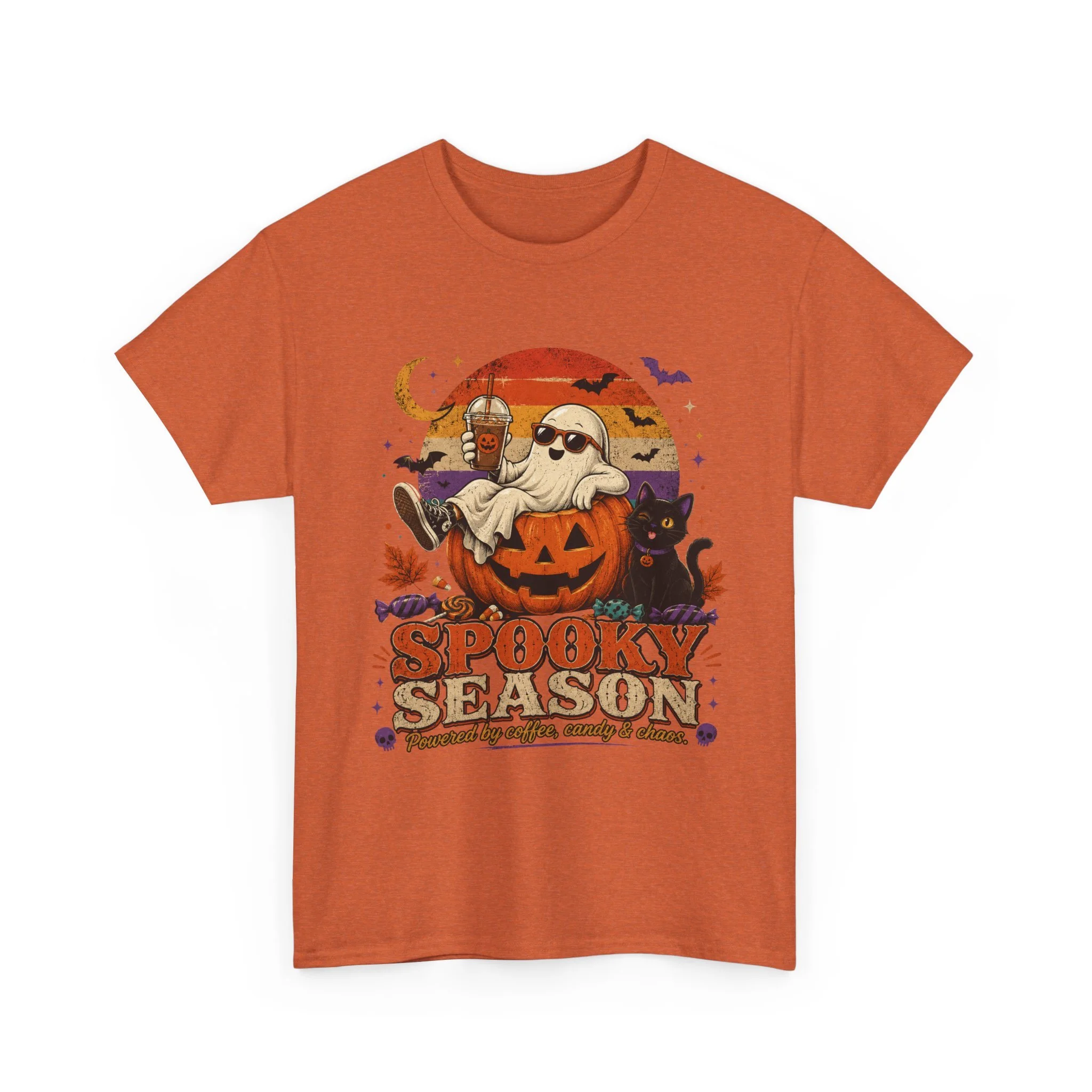 Spooky Season Halloween T-Shirt — Ghost, Jack-O'-Lantern & Black Cat Tee