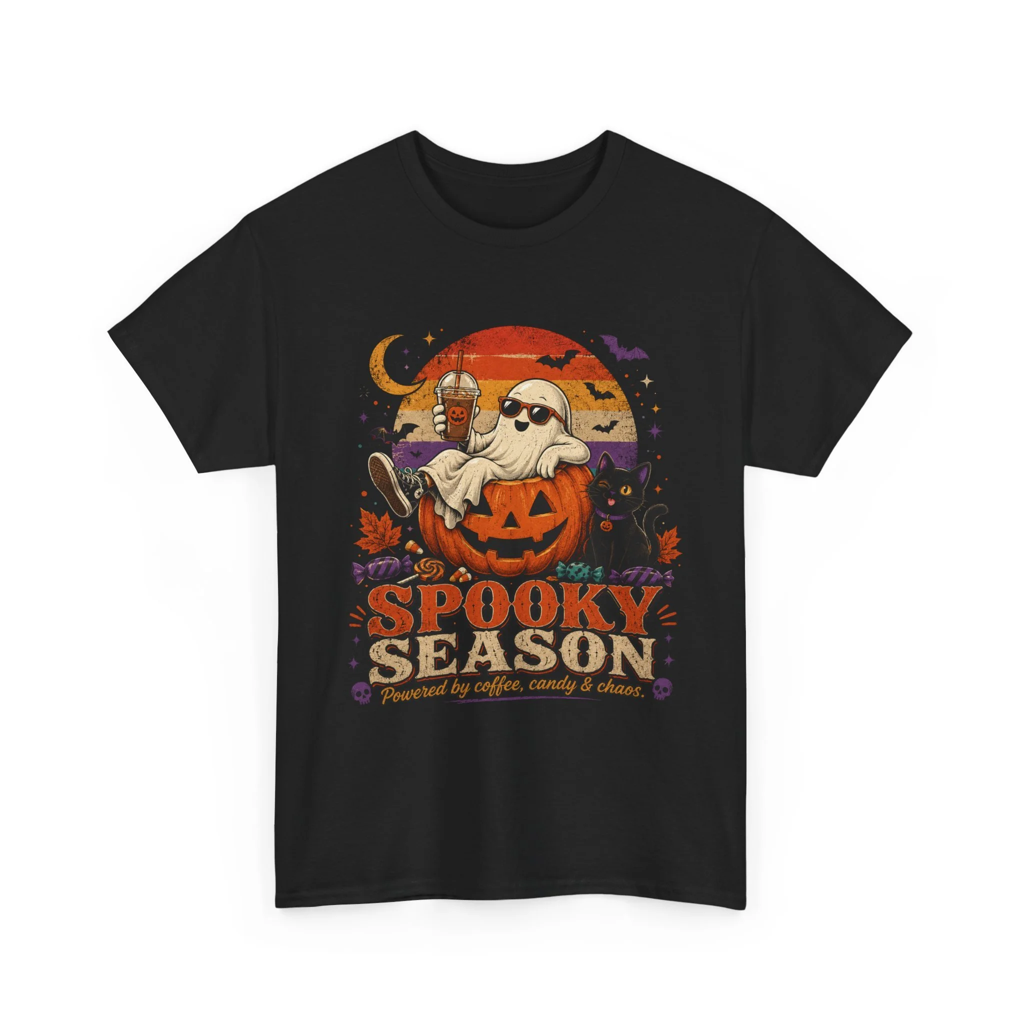 Spooky Season Halloween T-Shirt — Ghost, Jack-O'-Lantern & Black Cat Tee