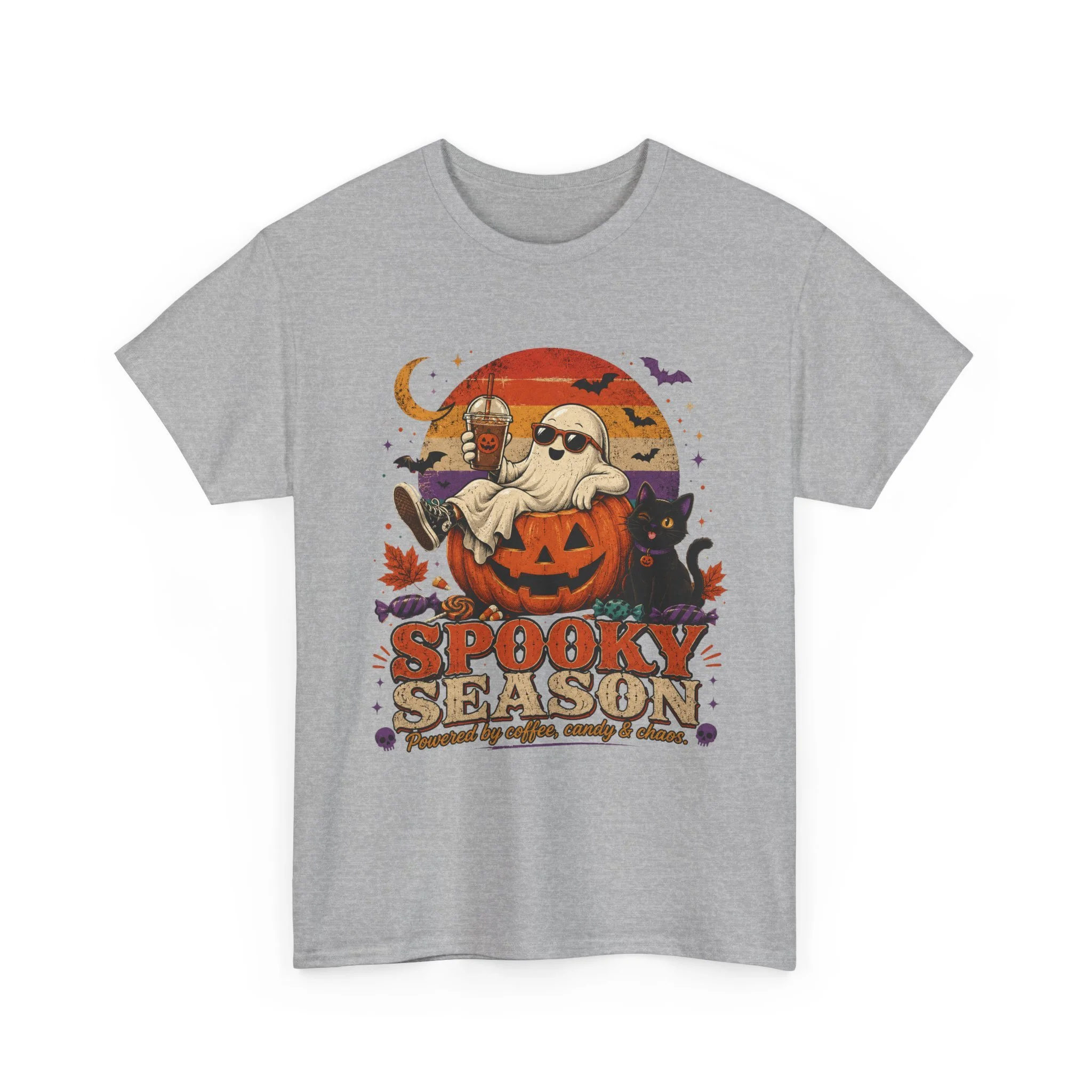 Spooky Season Halloween T-Shirt — Ghost, Jack-O'-Lantern & Black Cat Tee