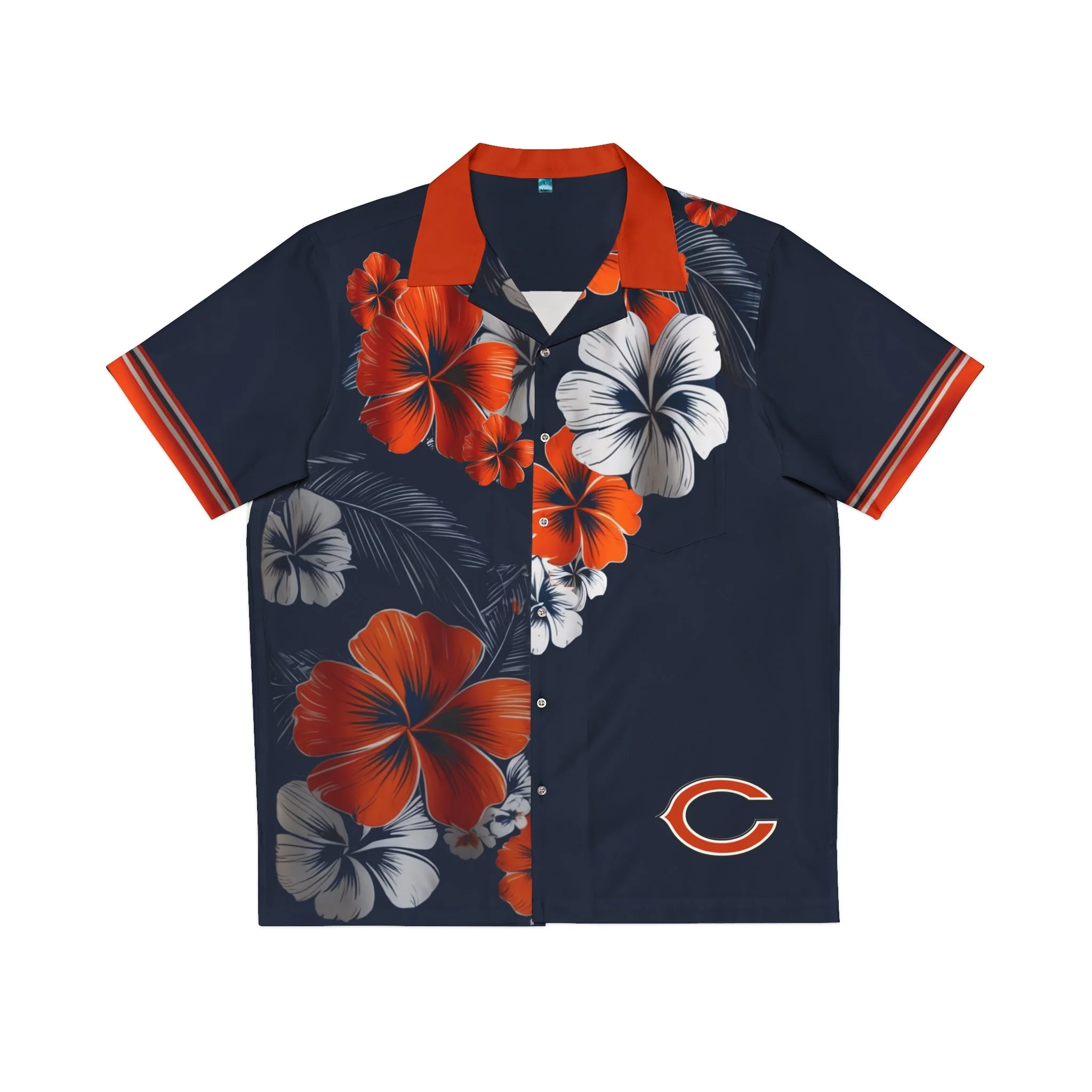 Front view of a navy Chicago Bears Hawaiian button-down shirt with orange and white tropical flowers