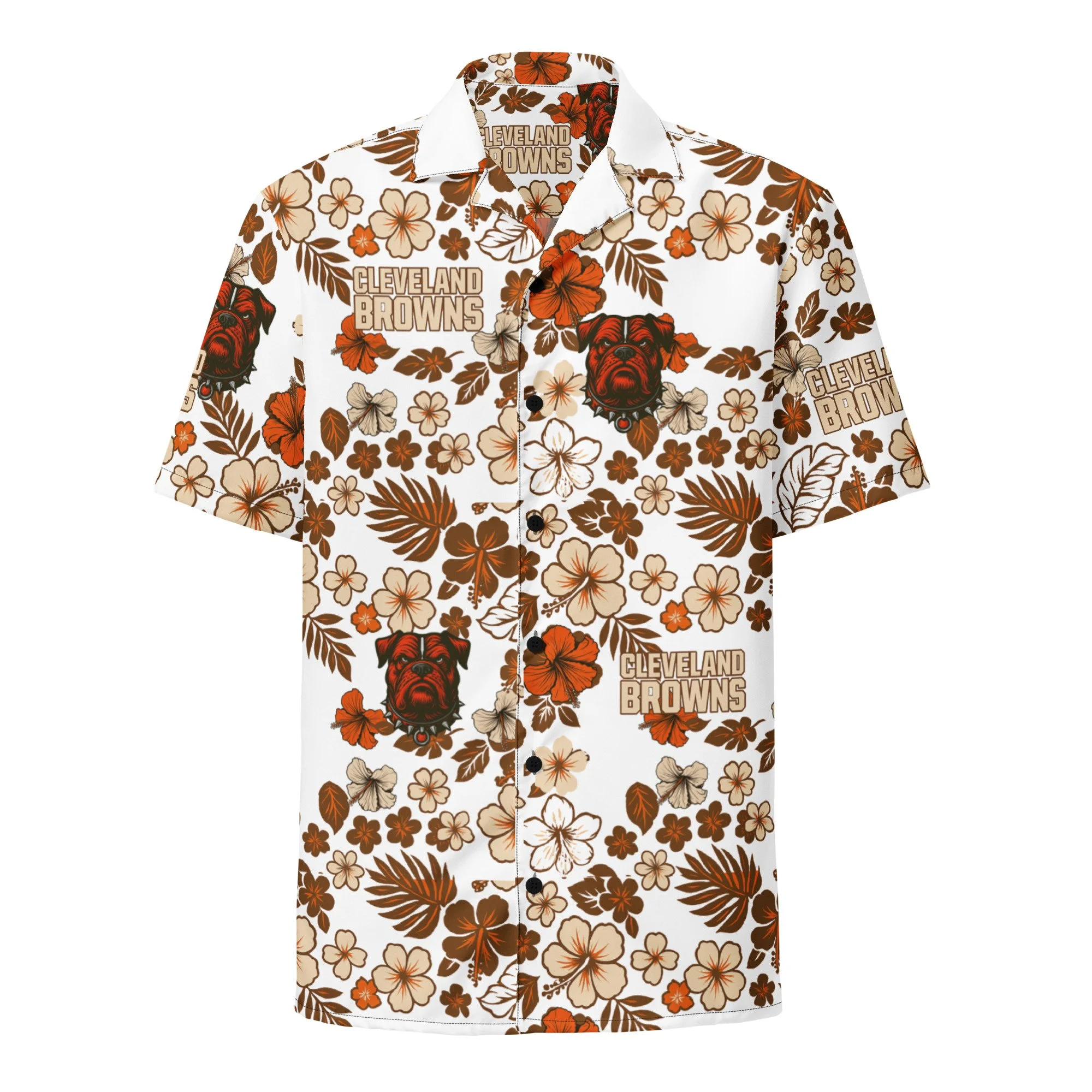 Front view of a Cleveland Browns Hawaiian button-down shirt with an orange and brown all-over pattern on a light background
