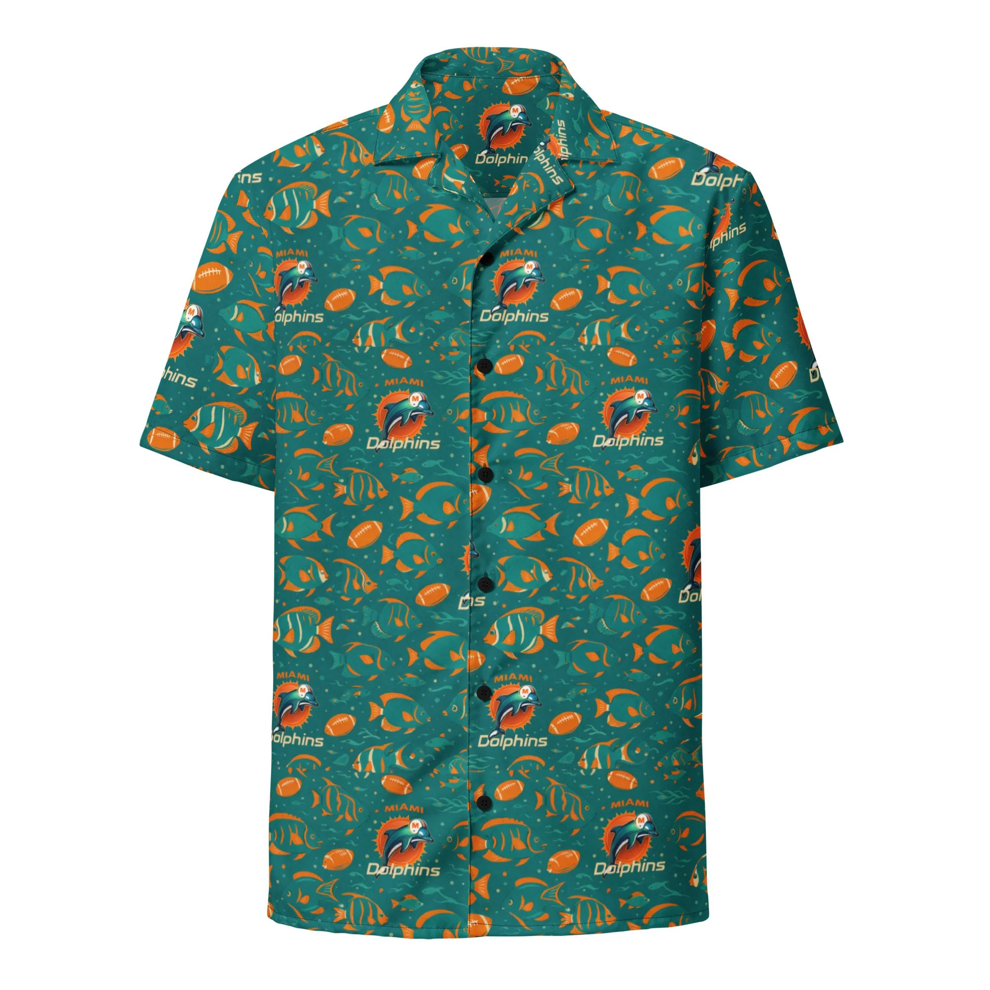 Front view of a Miami Dolphins Hawaiian button-down shirt with a teal and orange football pattern