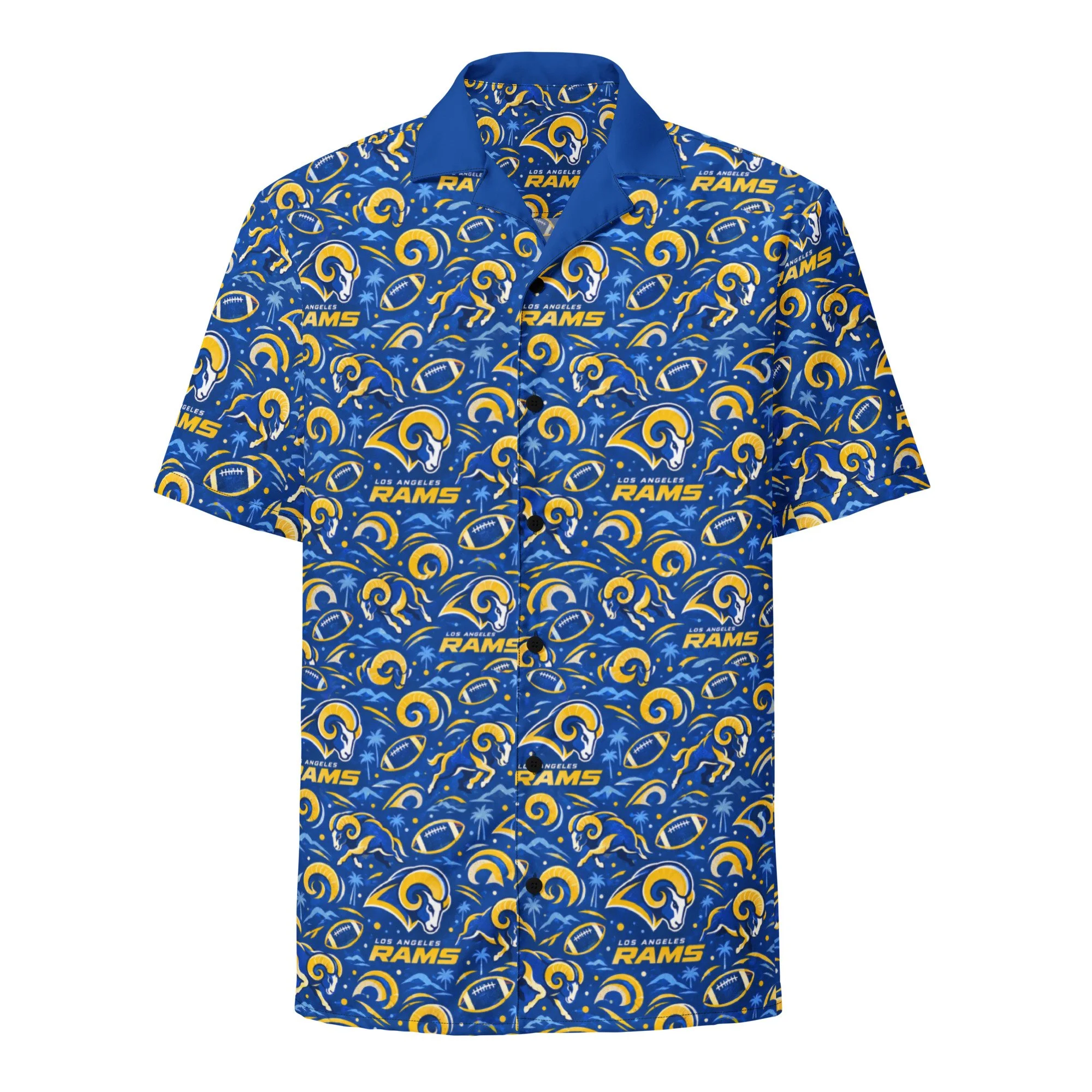 Front view of a Los Angeles Rams Hawaiian button-down shirt with a blue and yellow football pattern