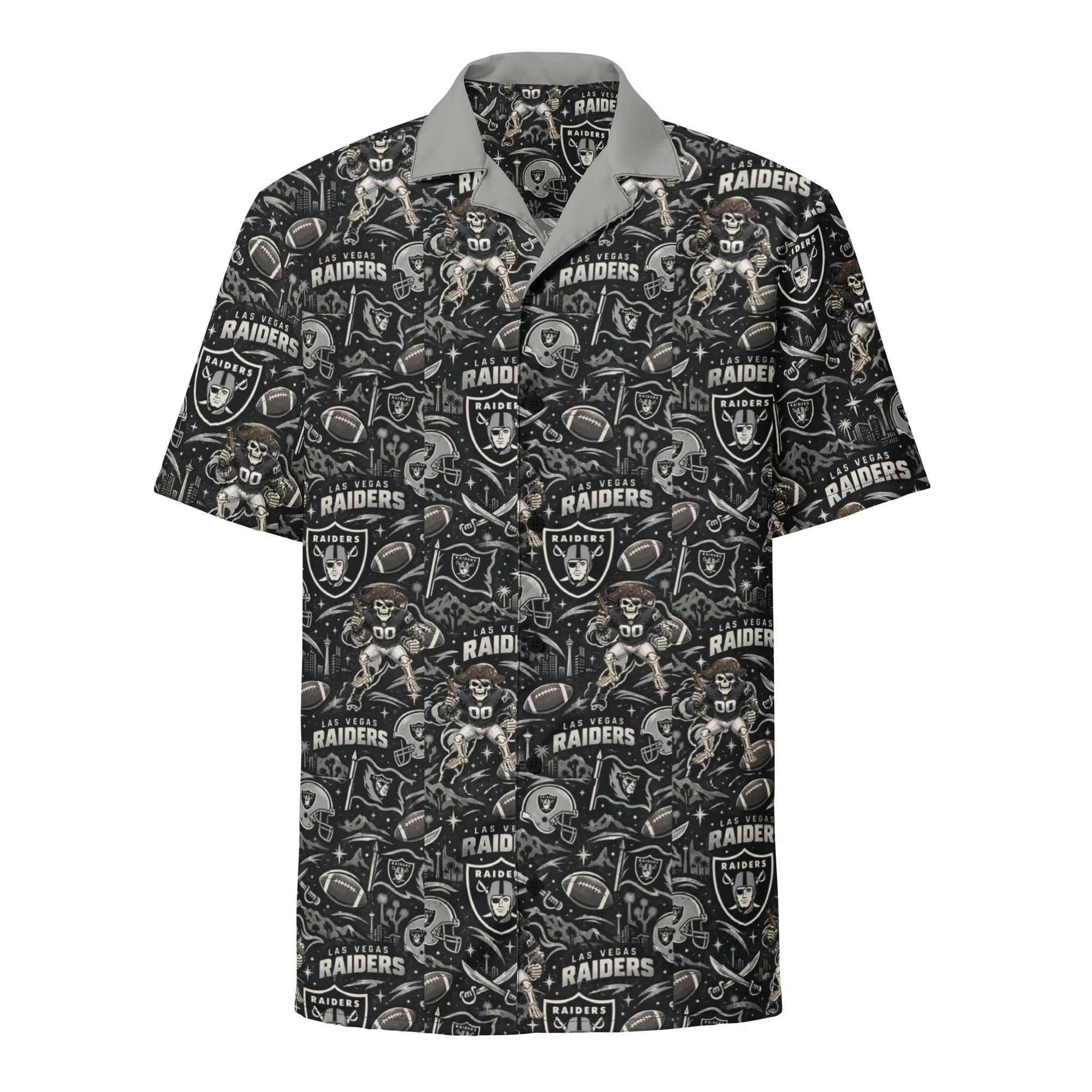 Front view of a Las Vegas Raiders Hawaiian button-down shirt with a black and white football pattern