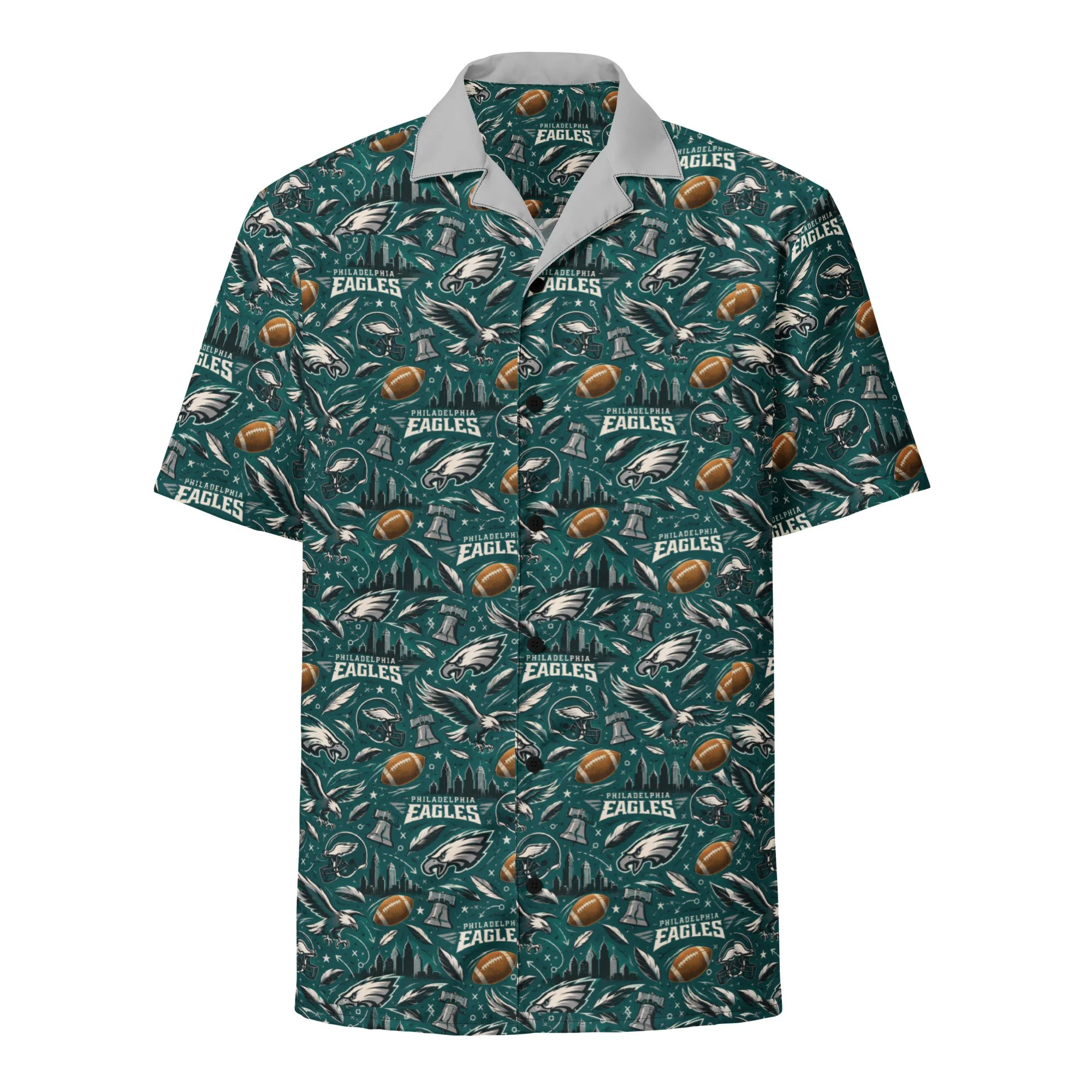 Front view of a Philadelphia Eagles Hawaiian button-down shirt with a green and white football pattern