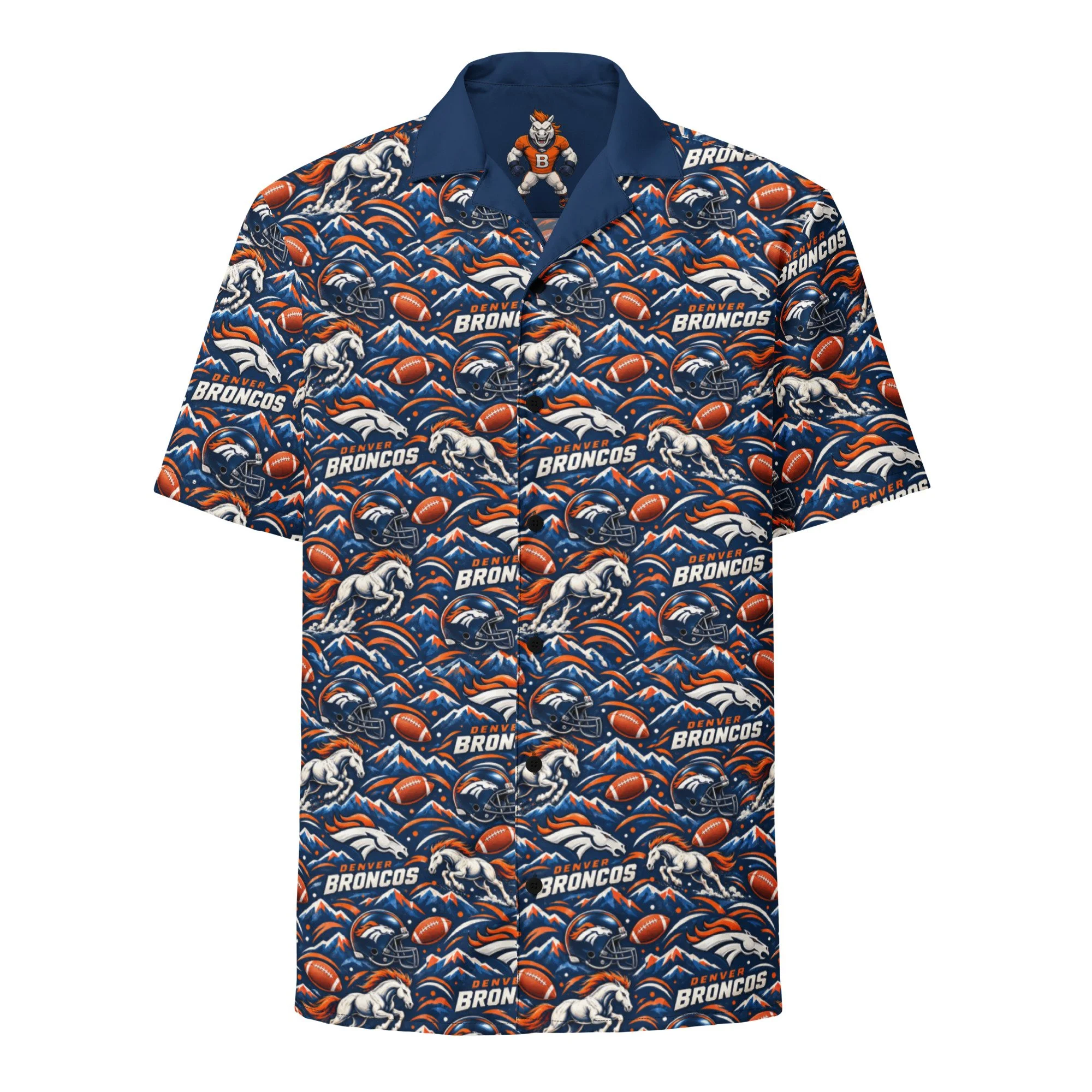 Front view of a Denver Broncos Hawaiian button-down shirt with a navy, orange and white football pattern
