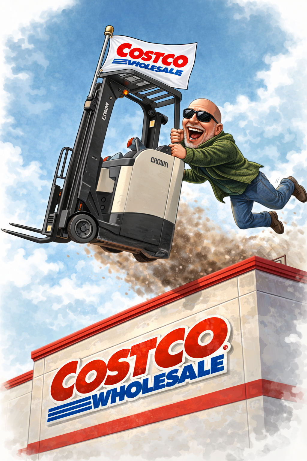 A cartoon man with sunglasses, green jacket, and blue jeans is flying with a forklift above the Costco Wholesale store, with dirt and dust trailing behind him and the forklift.