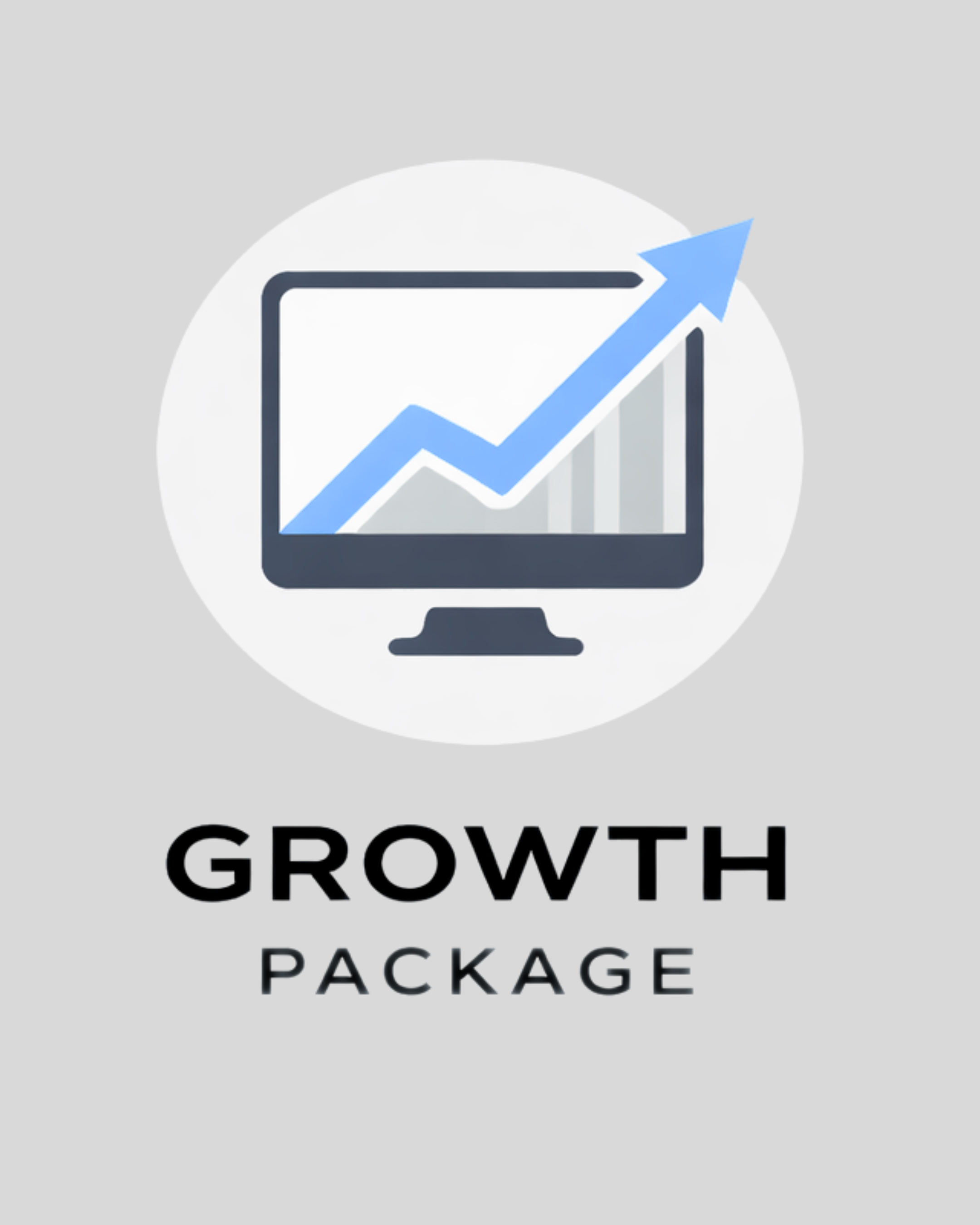 A computer monitor displaying an upward trending blue arrow graph. Below, the text reads "GROWTH PACKAGE" on a gray background.