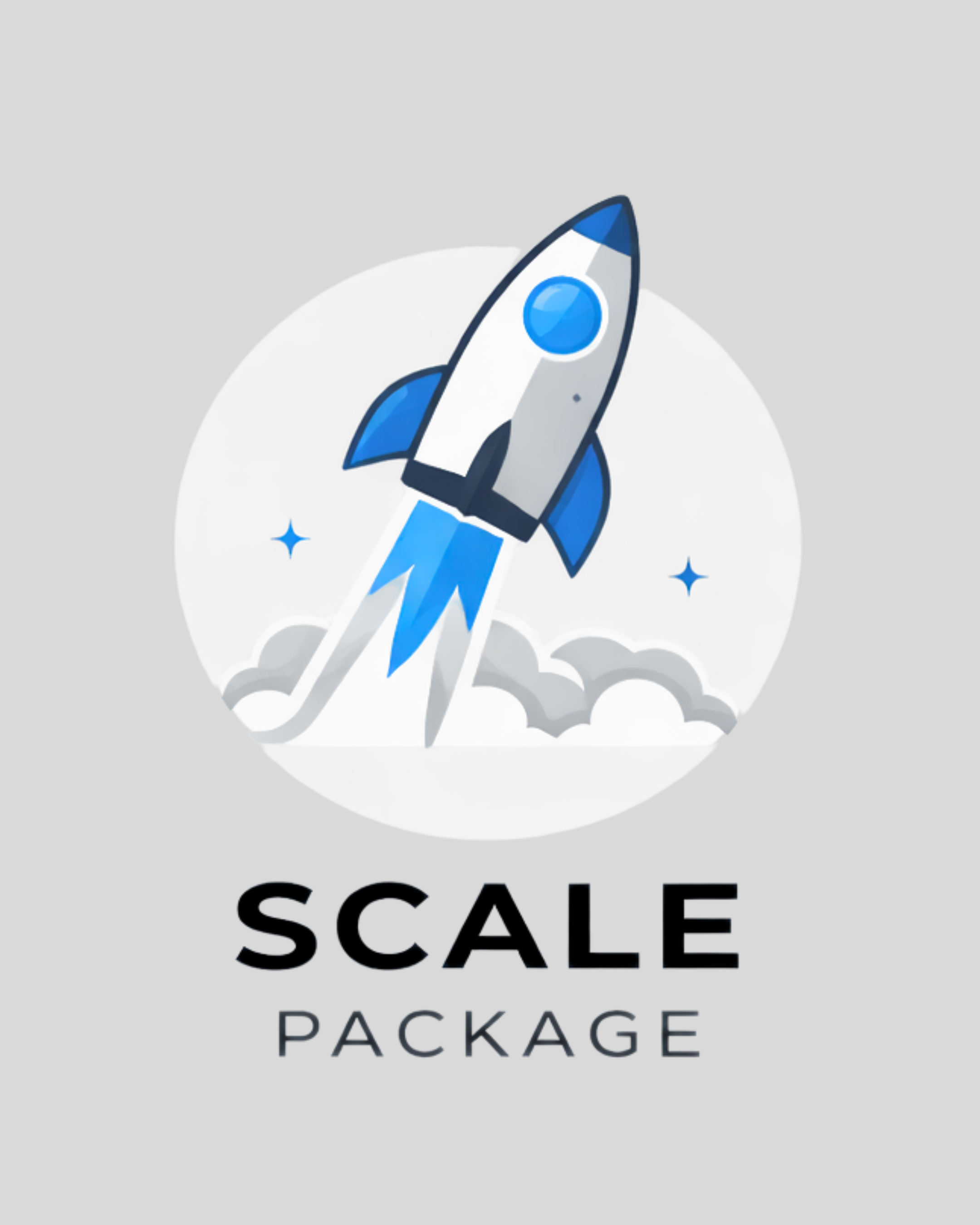 A cartoon rocket launching with blue flames and smoke, surrounded by stars, above the words 'Scale Package' on a gray background.